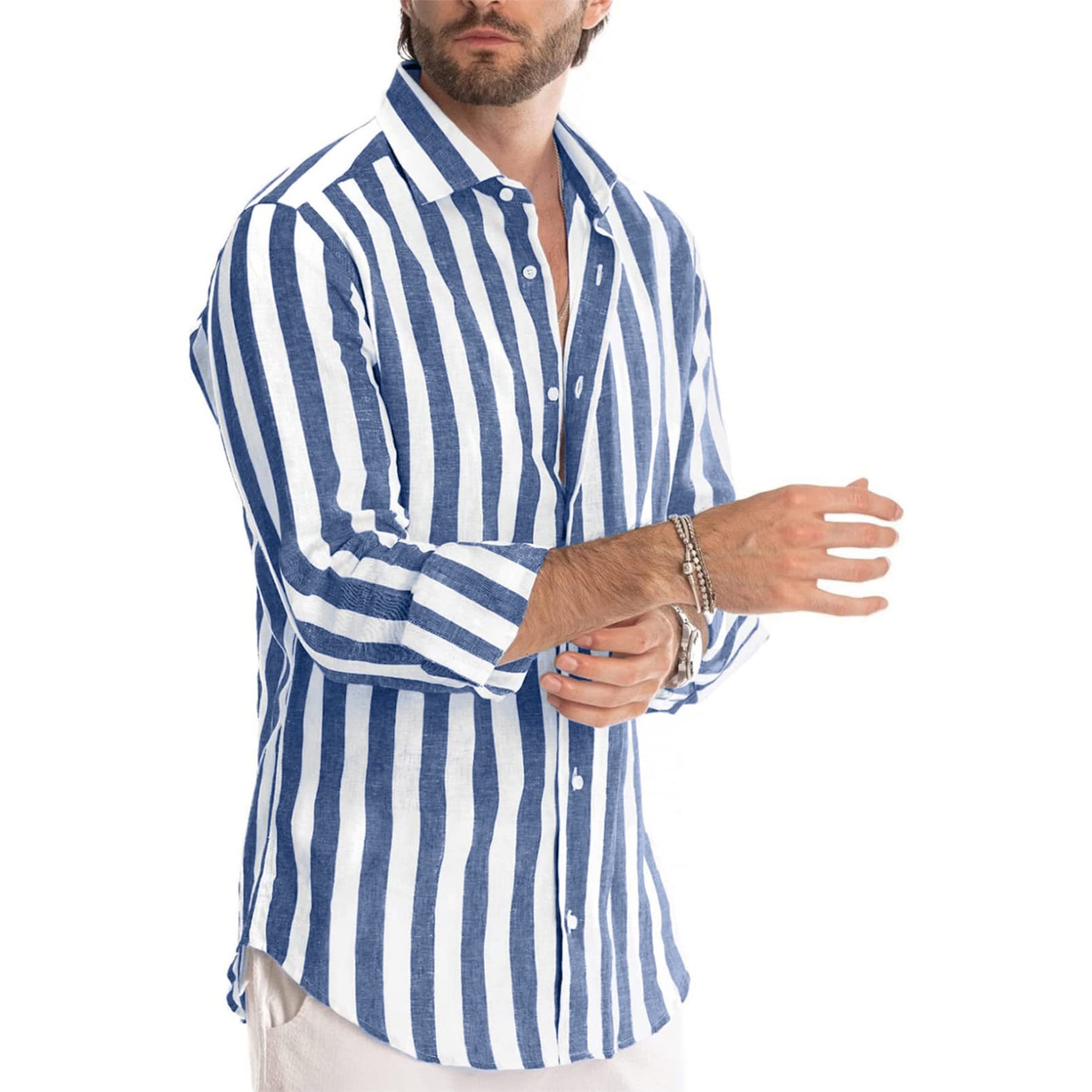 Men's Striped Cotton Long Sleeve Button Down Henley Shirts - Casual Beach Wear & Office Dress Shirts for Summer Outfits, Date Nights and Business Casual Occasions