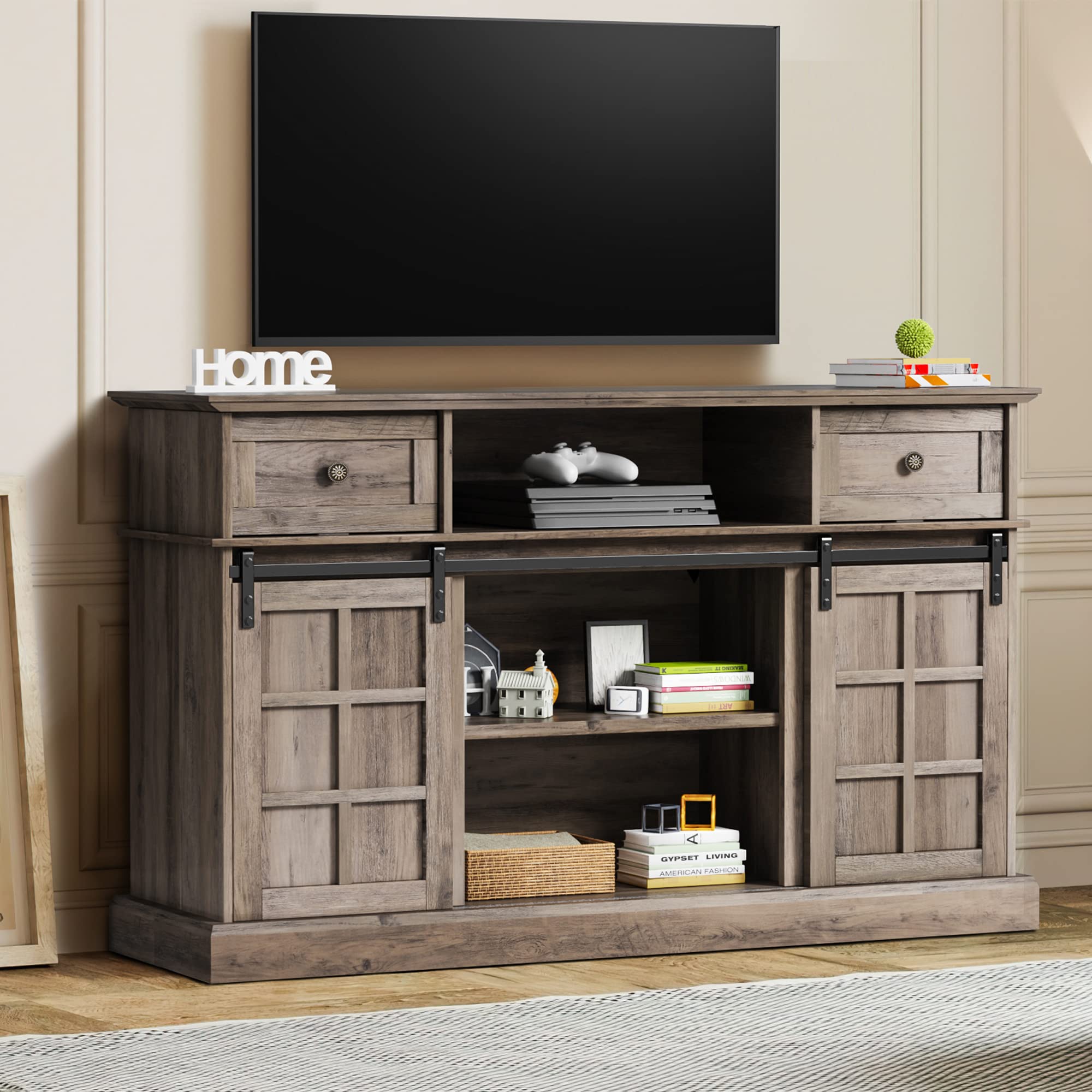Farmhouse TV Stand for 65 Inch TV - Rustic Wood Entertainment Center with Sliding Barn Doors & Flip Drawers - 58