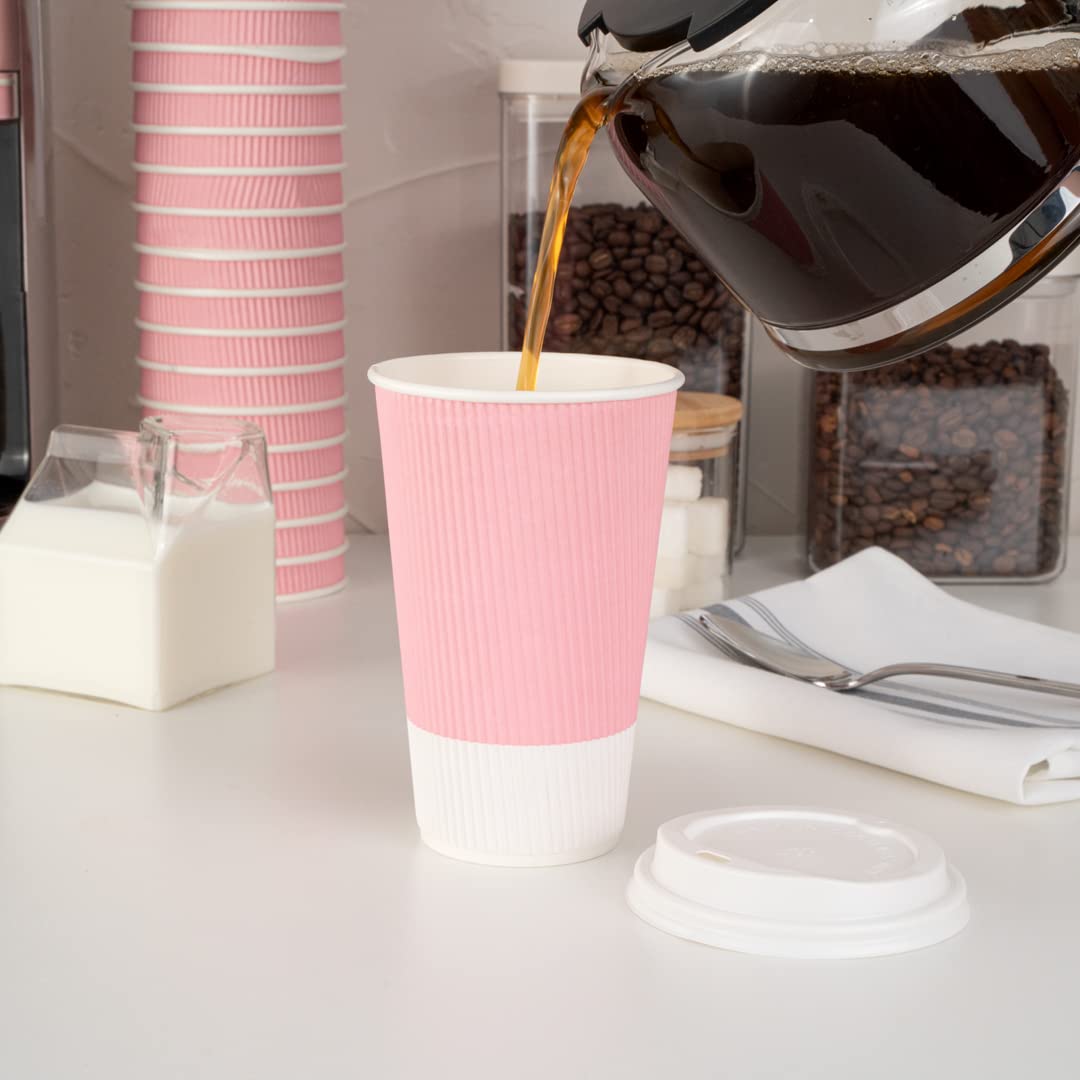 16oz Insulated Coffee Cups with Lids - 20 Pack Leakproof Ripple Wall Hot Drink Cups | Disposable Pink Paper Cups for Coffee, Tea, Hot Cocoa & Lattes | Perfect for Cafes, Offices & Home Use