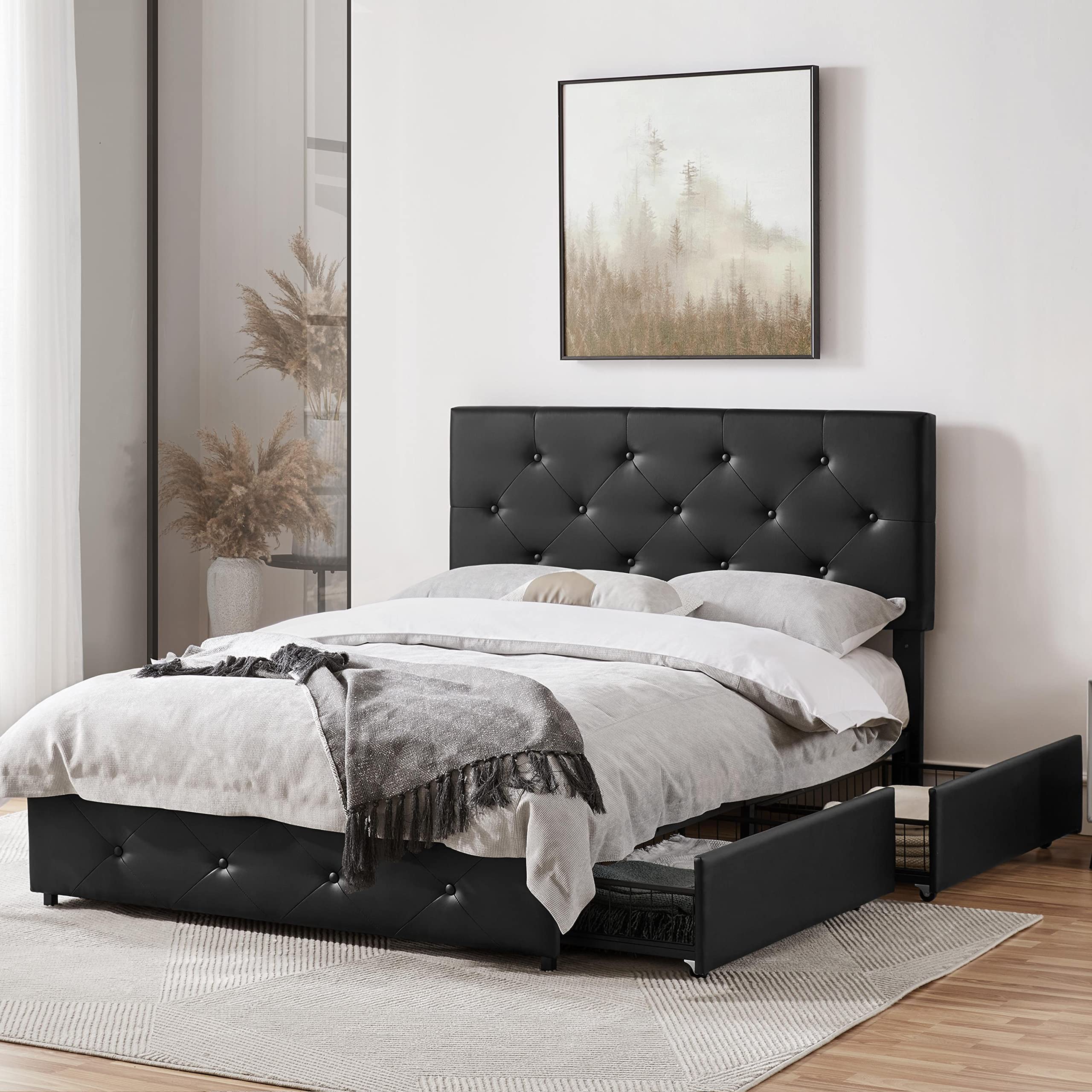Yaheetech Full Size Upholstered Bed Frame with 4 Storage Drawers & Adjustable Headboard - Faux Leather Platform Bed with Wooden Slat Support, No Box Spring Needed (Black) - Perfect for Small Bedrooms, Guest Rooms & Space-Saving Storage Solutions