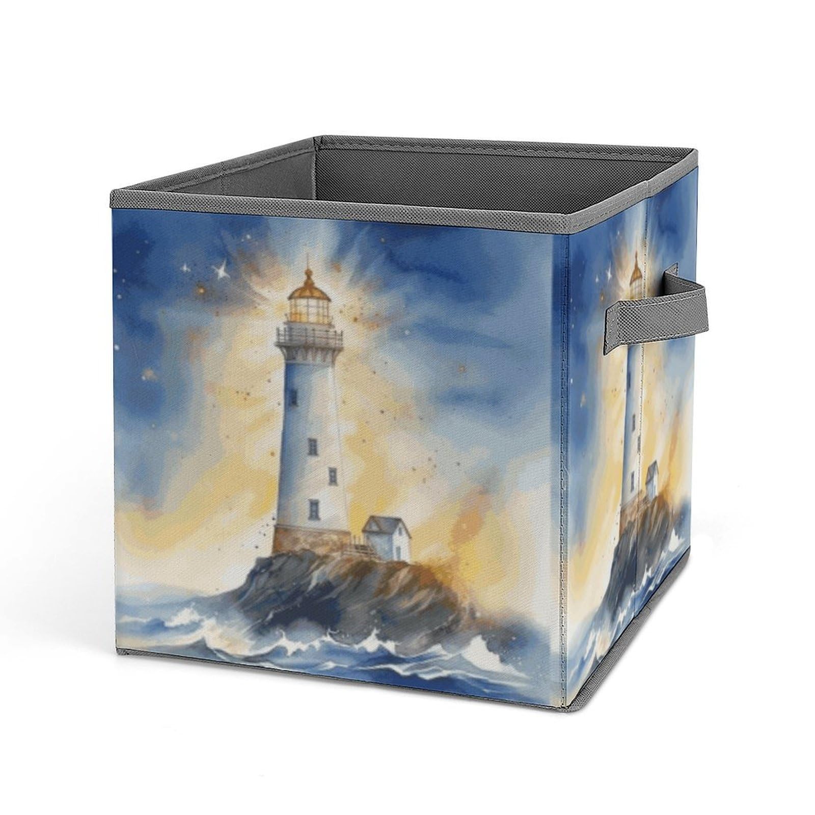 Collapsible Storage Bins with Handles - Printed Lighthouse Design for Home Organization