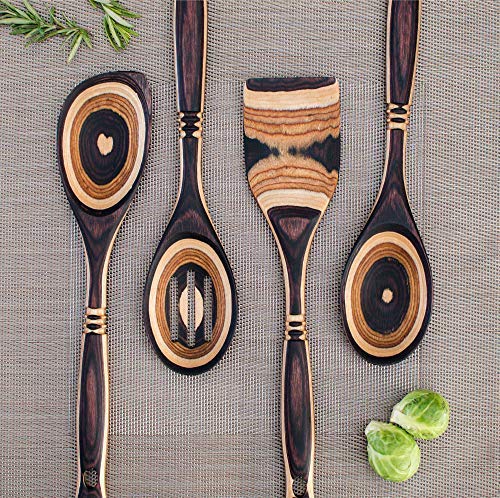 Premium Pakkawood 6-Piece Kitchen Utensil Set - Wooden Cooking Spoon, Slotted Spoon, Corner Spoon, Spatula & Measuring Spoons (13