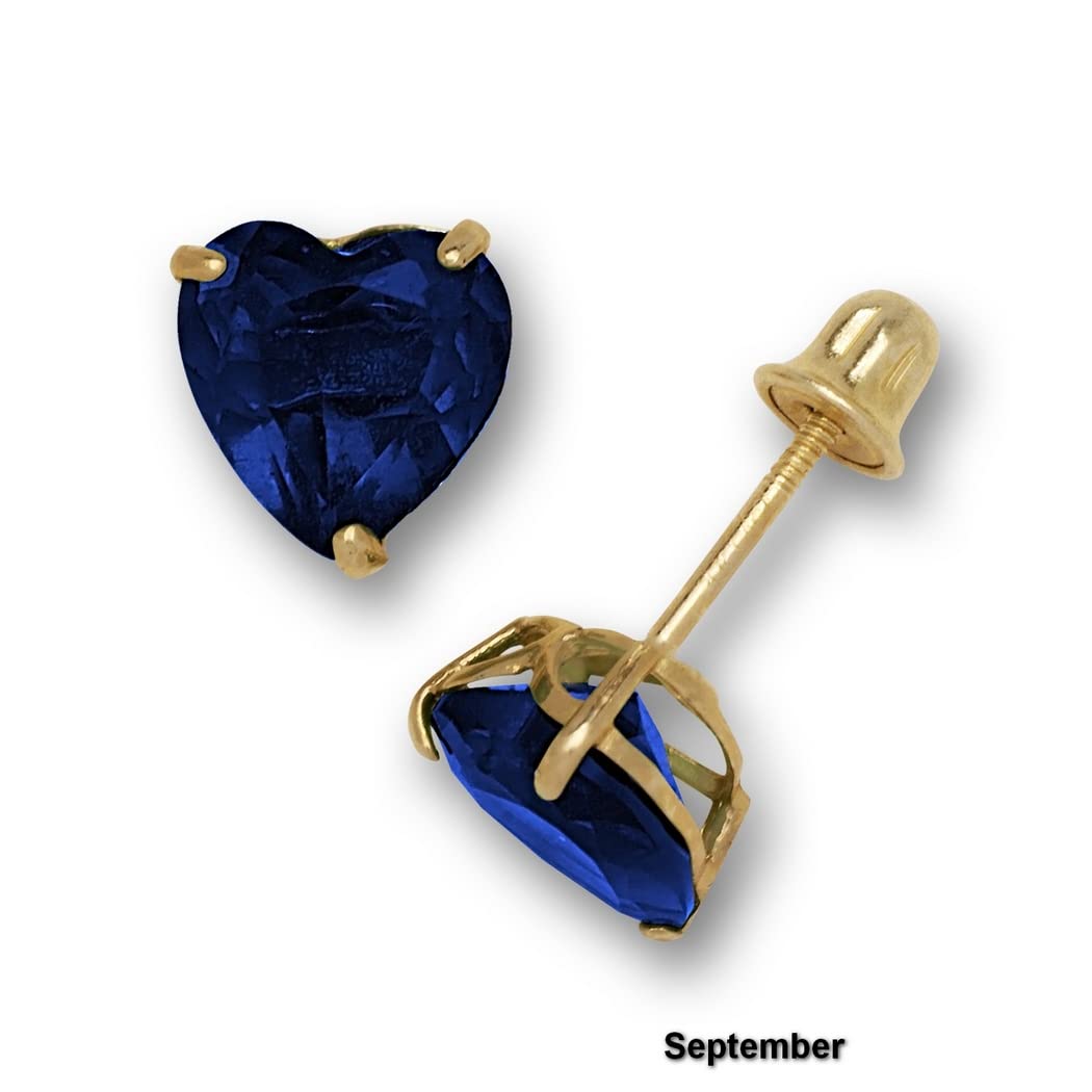 14K Yellow Gold Heart-Shaped Cubic Zirconia Stud Earrings - Screw Back Solitaire Basket Set (12 Colors) | Perfect Birthday Gift, Anniversary Present & Everyday Elegant Jewelry