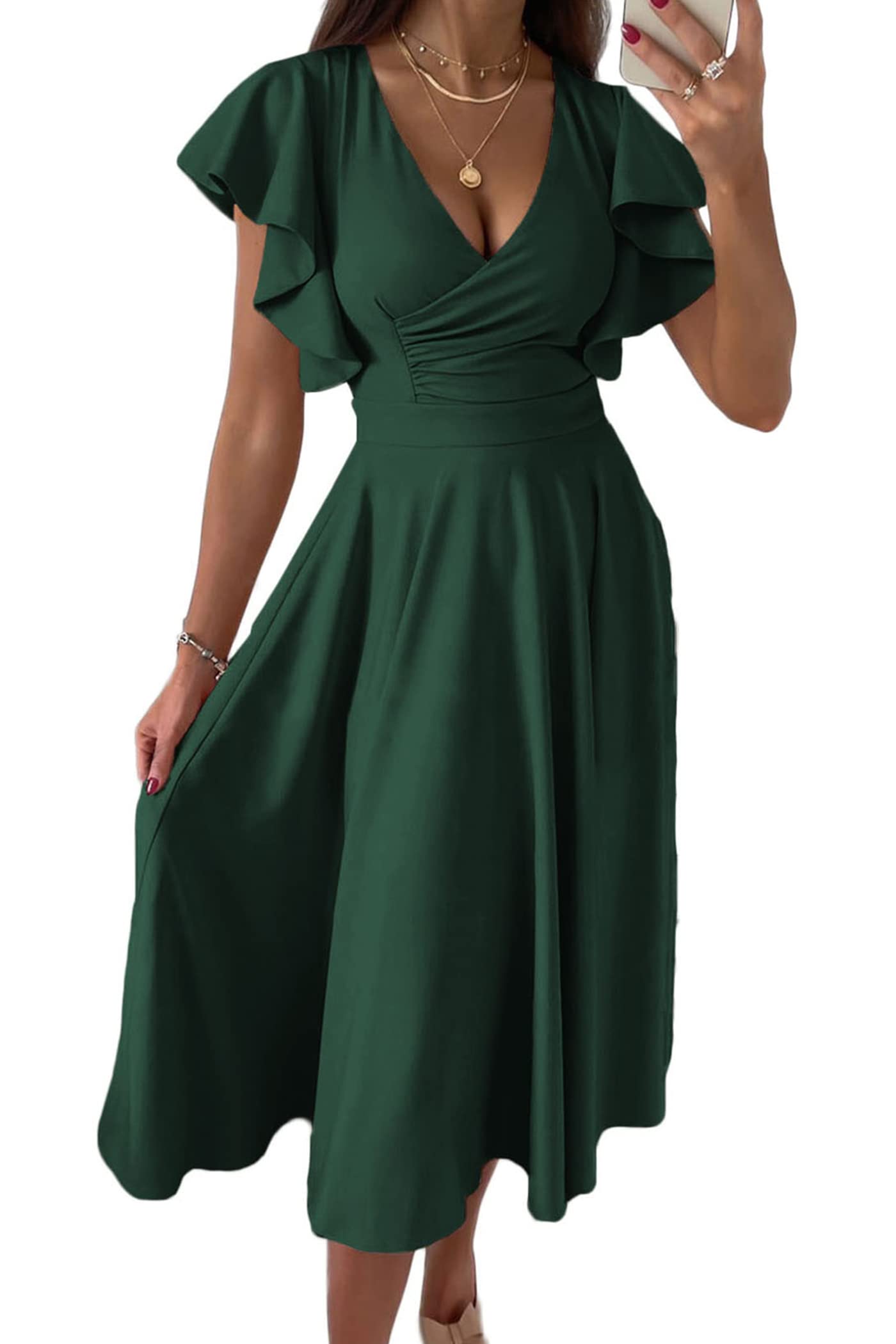 PRETTYGARDEN Women's Summer Midi Dress 2025 - Ruffle Sleeve V-Neck A-Line Cocktail Dress for Wedding Guest, Party & Special Occasions | Flowy Fit and Flare Design for Spring/Summer Events