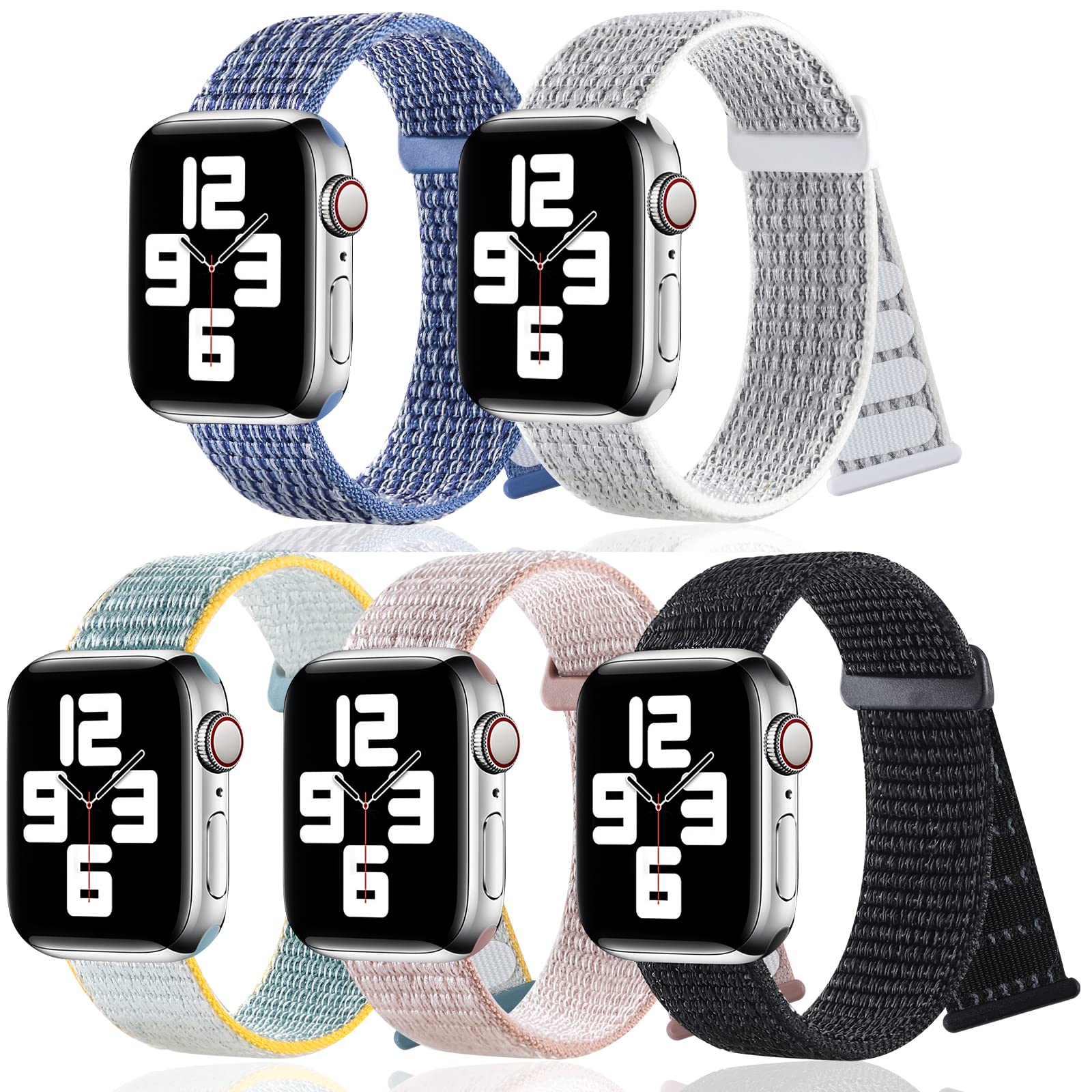5 Pack Nylon Sports Bands for Apple Watch 42mm 44mm 45mm - Soft Stretchy Adjustable Woven Straps Compatible with iWatch Series 7/6/5/4/3/2/1/SE - Perfect for Running, Gym Workouts & Daily Wear (Men & Women)