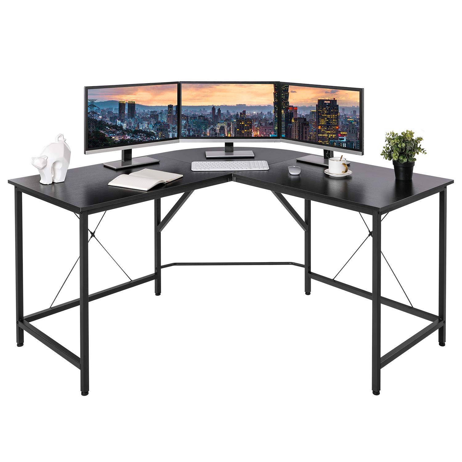 BAHOM 55 Inch L-Shaped Corner Gaming Desk for PC & Computer - Sturdy Home Office Workstation with Large Workspace, Space-Saving Design - Easy Assembly Black Desk for Gaming Setup, Home Office & Study Room