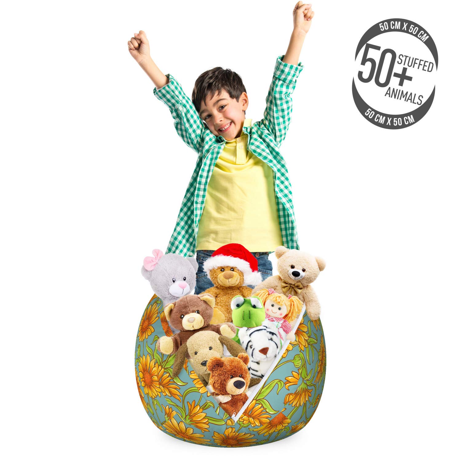 Ambesonne Floral Toy Storage Bag Chair - Cartoonish Calendula Flower Pattern, Washable Stuffed Animal Organizer, Small Size in Pale Teal & Orange | Kids' Room Decor, Playroom Storage Solution, Nursery Organization