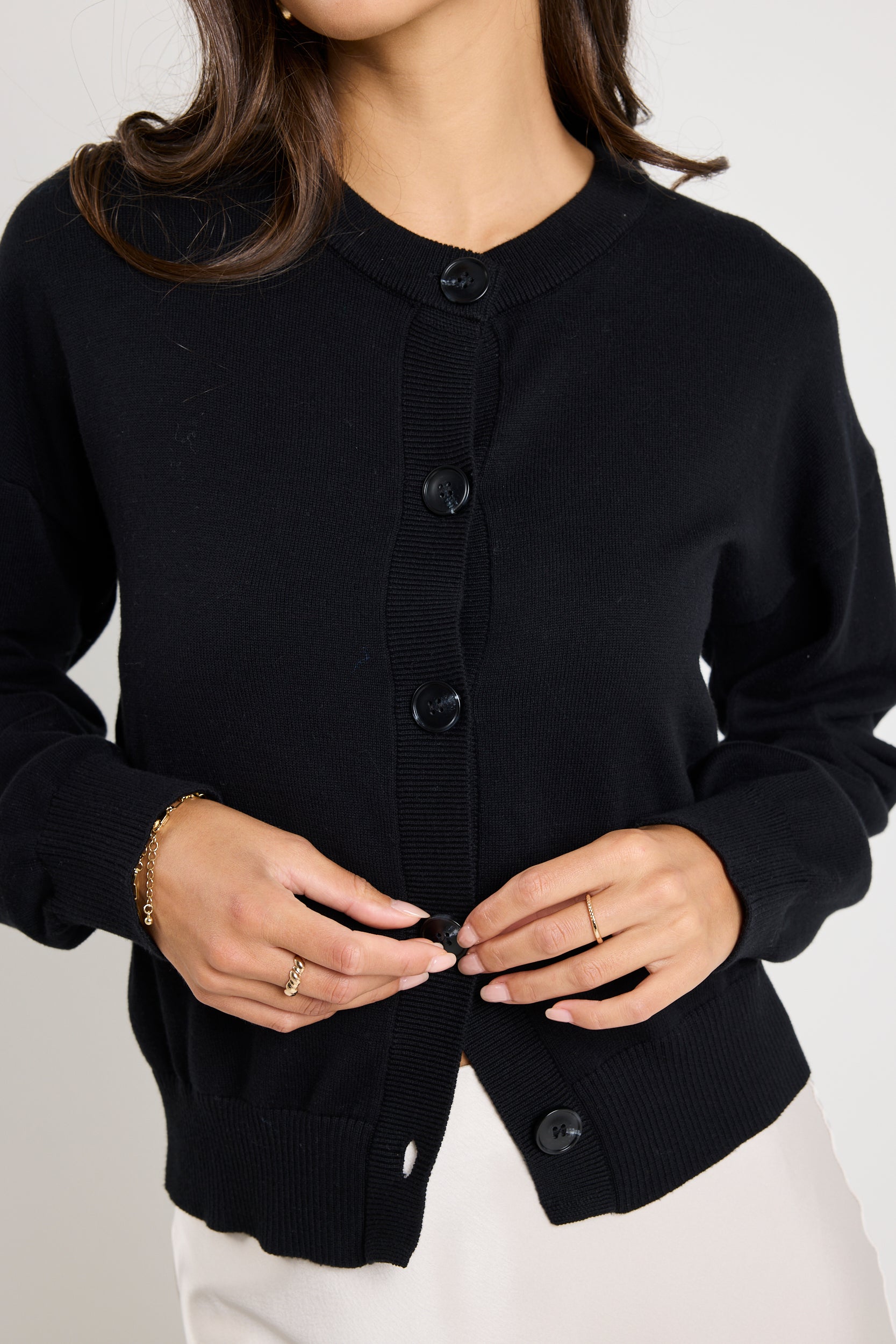 Soft Black Cotton Fine Knit Crew Cardigan for Women - Cozy Fall & Winter Layering Essential