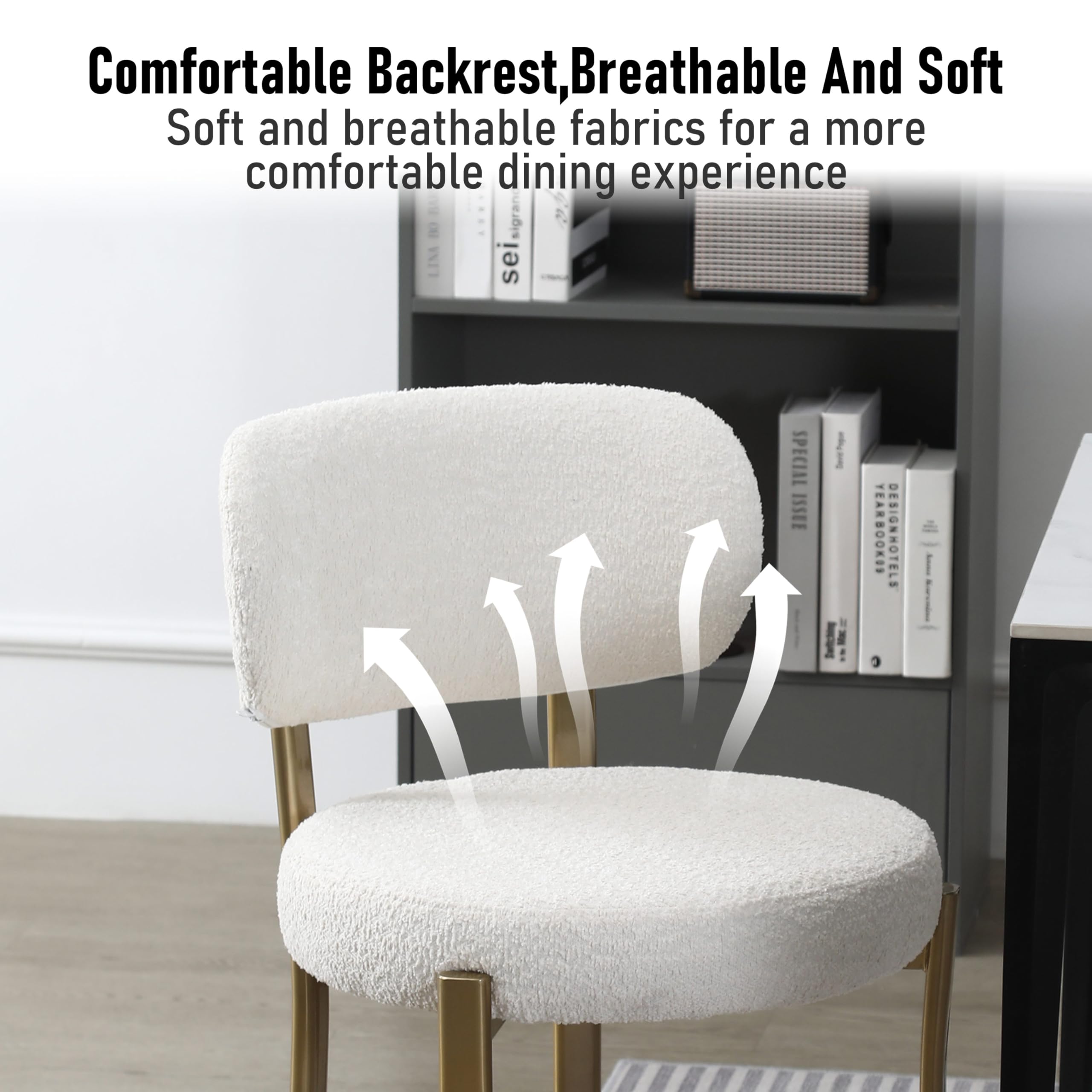 DYHOME Set of 2 White Upholstered Boucle Sherpa Dining Chairs - Mid Century Modern Kitchen Chairs with Gold Metal Legs for Dining Room, Breakfast Nook & Small Space Decor
