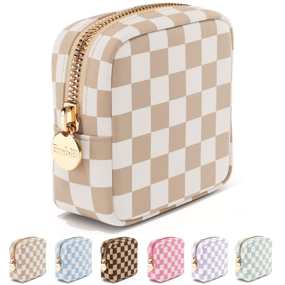 Embla Makeup Bag Travel Cosmetic Organizer - Waterproof Nylon Zipper Pouch for Women, Mini Toiletry Bag with Sand Checkered Pattern | Perfect for Travel, Gym, Daily Use & Cosmetic Storage