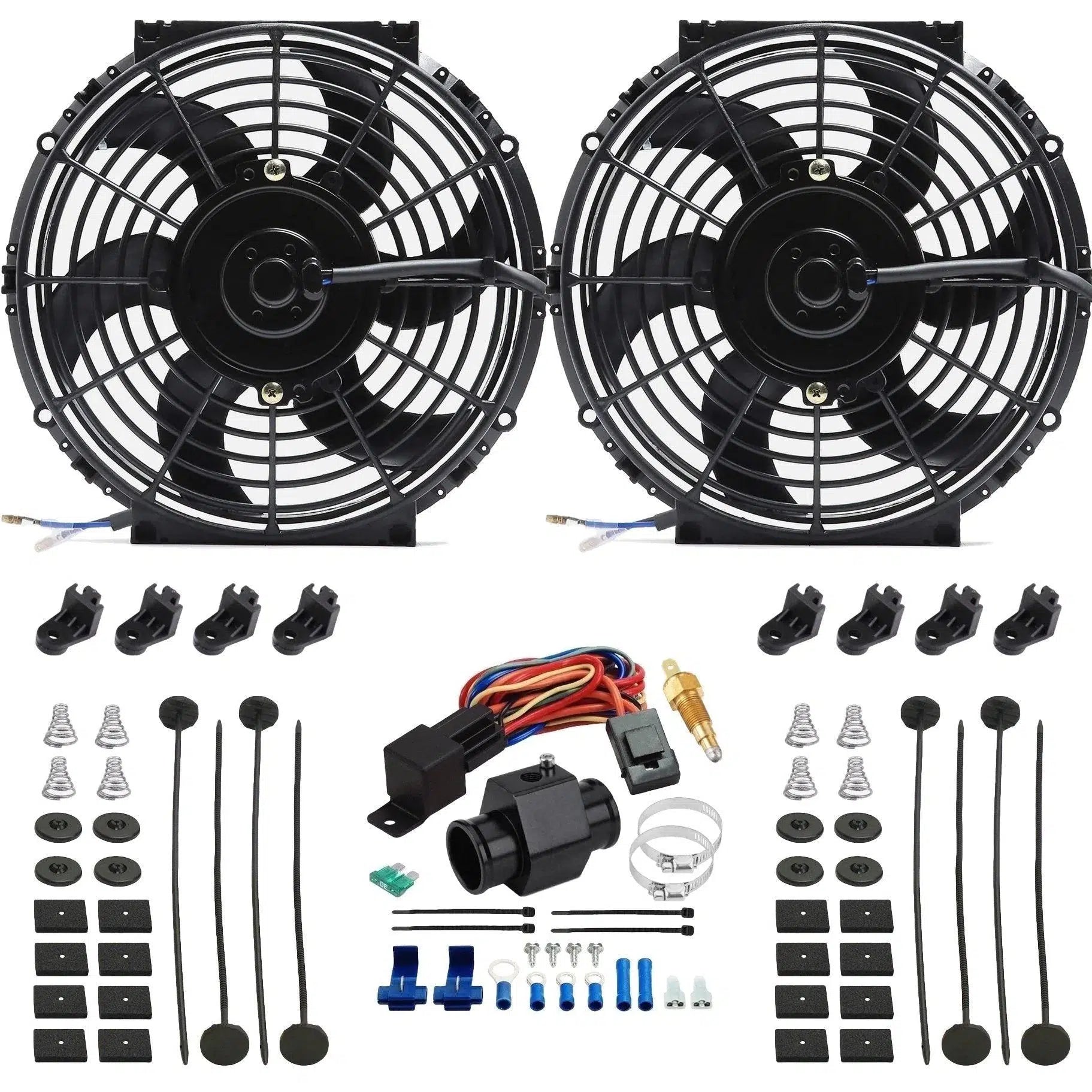 Dual 10/11 Inch 130W Electric Radiator Fan Kit with Thermostat Switch & Grounding - Perfect for Car Cooling System & Engine Temperature Control