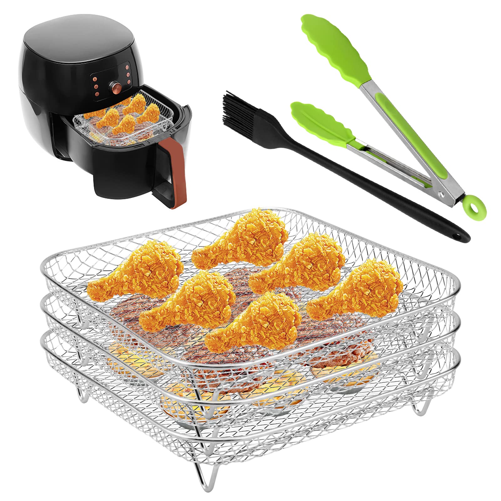 LOQJSS 8 Inch Square Air Fryer Rack - 3 Stackable Stainless Steel Air Fryer Accessories with Food Clip & Oil Brush - Universal Fit for All Air Fryers, Ovens - Perfect for Cooking Chicken Wings, French Fries, Vegetables and More