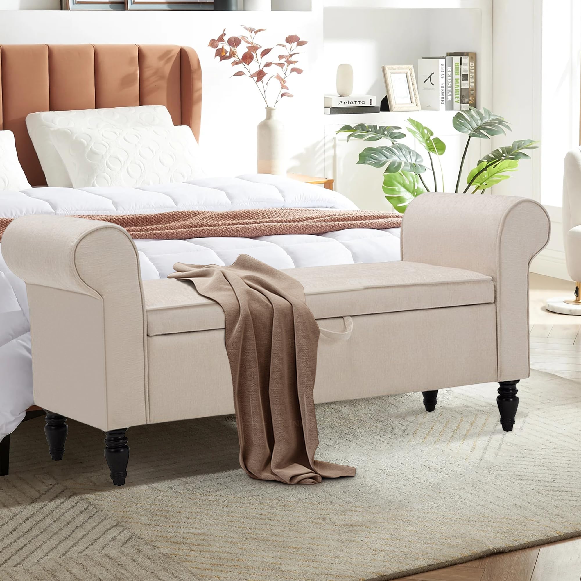 ANNJOE Upholstered Storage Ottoman Bench with Arms - Vanity Seat, Bedroom Bench, Entryway & End of Bed Stool - Beige Fabric - Perfect for Bedroom Decor, Living Room Seating & Entryway Organization