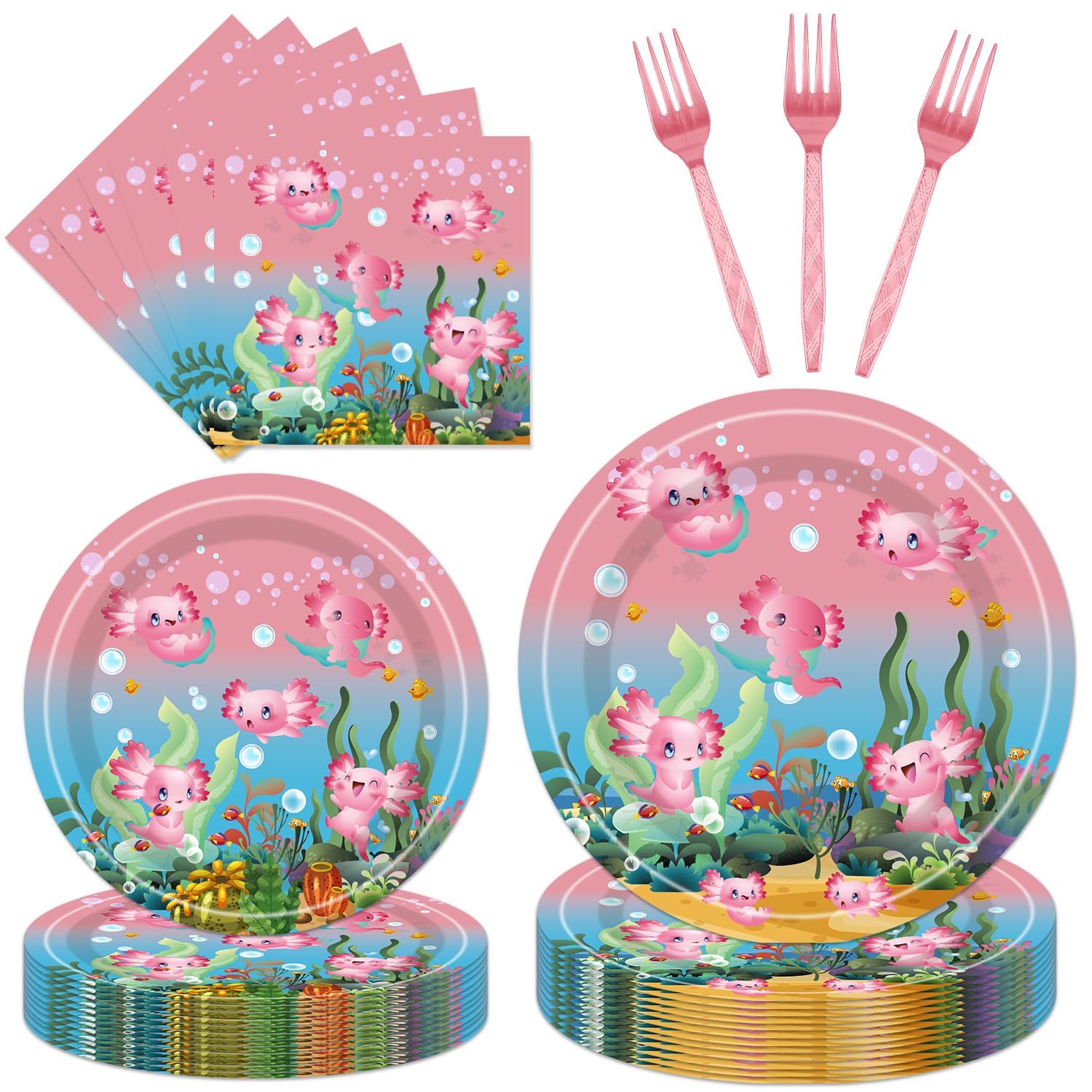 96pcs Pink Axolotl Party Supplies Set - Disposable Plates, Napkins, Forks for Birthday Decorations | Cute Reptile Animal Theme Tableware for Girls | Perfect for 24 Guests Birthday Parties & Baby Showers