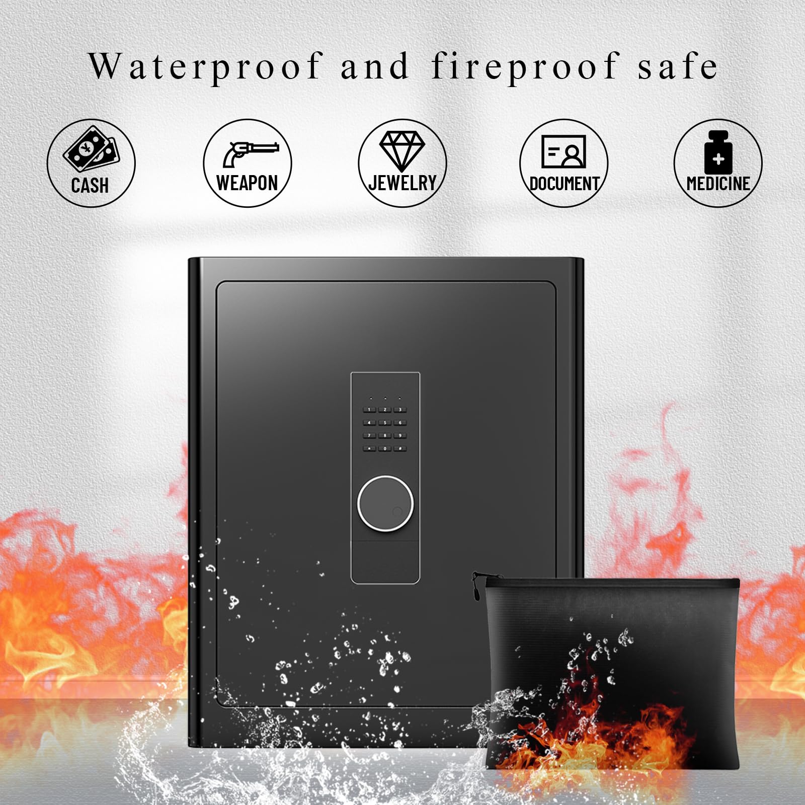 FABAO 2.0 Cubic Feet Fireproof Waterproof Home Safe Box with Digital Keypad & LED Light - Secure Money, Jewelry, Documents Storage for Hotel, Dorm, Office & Home Use - Includes Built-In Drawer & Emergency Keys