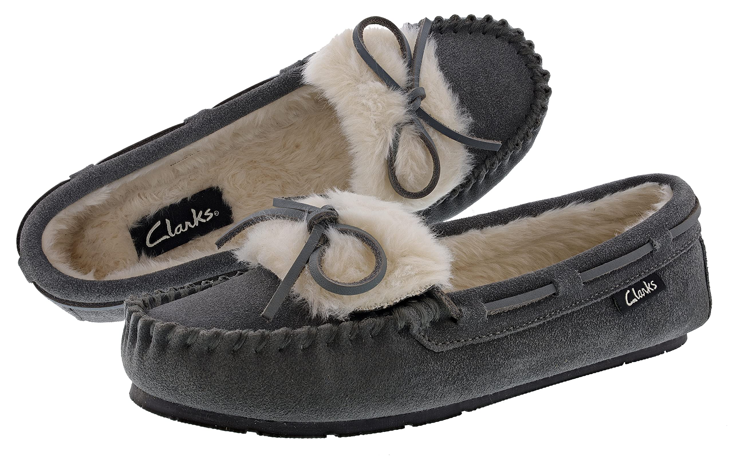 Clarks Women's Folded Tongue Suede Leather Moccasin Slippers ICH30746C - Plush Faux Fur Lining - Indoor/Outdoor House Slippers for Women - Cozy Home, Office & Travel Comfort Shoes