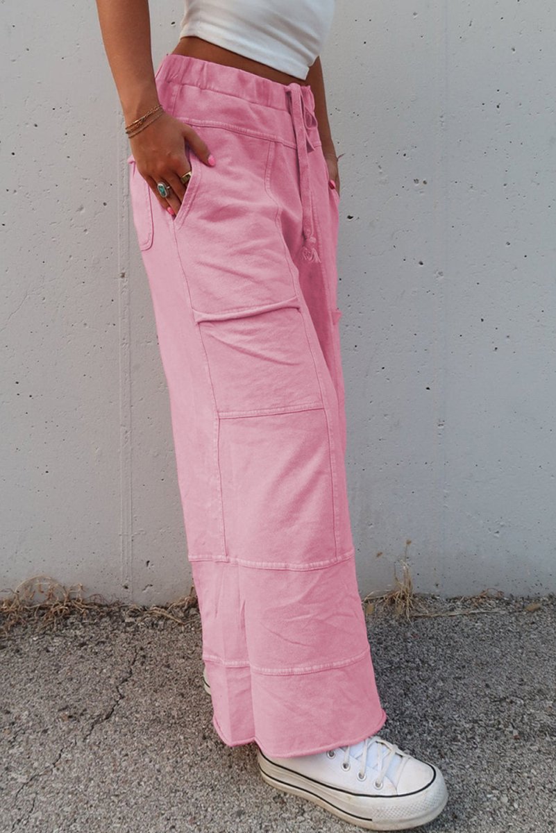 Bonbon Mineral Wash Exposed Seam Drawstring High Waist Cargo Pants for Women - Stylish & Comfortable Outdoor Hiking, Travel, and Casual Wear