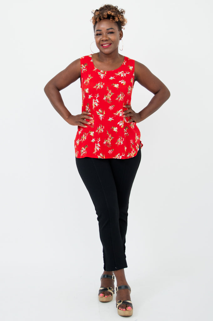 Jimmy Tank Top - Red Ditsy Floral Print Linen Bamboo Blend Women's Casual Shirt for Summer Outfits & Beach Wear