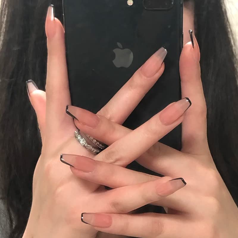 24-Piece Long Acrylic Press-On Nails with Glue - Ballerina French Fake Tips & Sparkly Glitter Coffin Nails for Women (Nude) | Salon-Quality Nail Art for Parties, Weddings & Special Occasions