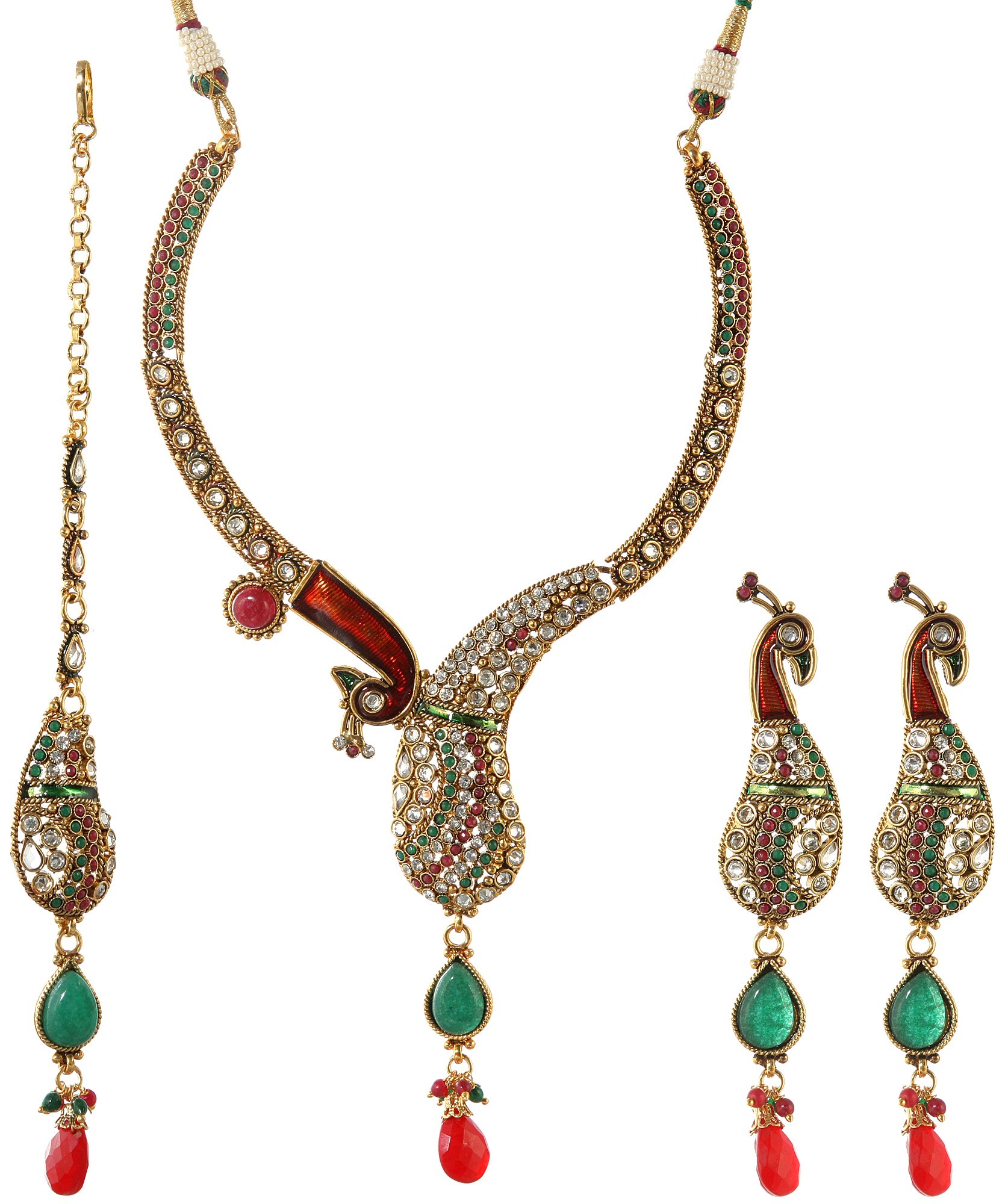 Exquisite Meenakari Peacock Necklace Set with Faux Ruby & Emerald - Handcrafted Copper Alloy Jewelry with Cut Glass Stones | Perfect for Indian Weddings, Festivals & Boho Fashion