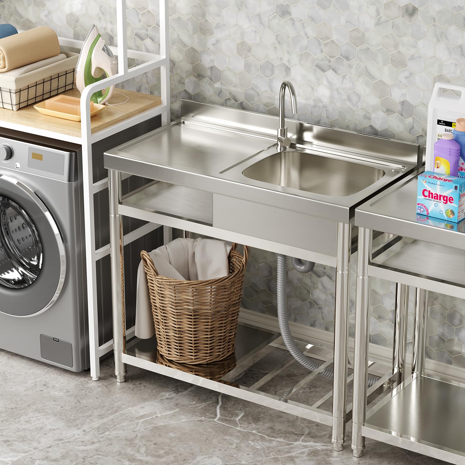 Commercial Stainless Steel Utility Sink with Workbench & Storage - Heavy Duty Single Bowl Restaurant Kitchen Sink for Indoor/Outdoor Use - Includes Hot & Cold Water Pipes - Ideal for Restaurants, Food Trucks, Laundry Rooms & Outdoor Cooking Stations