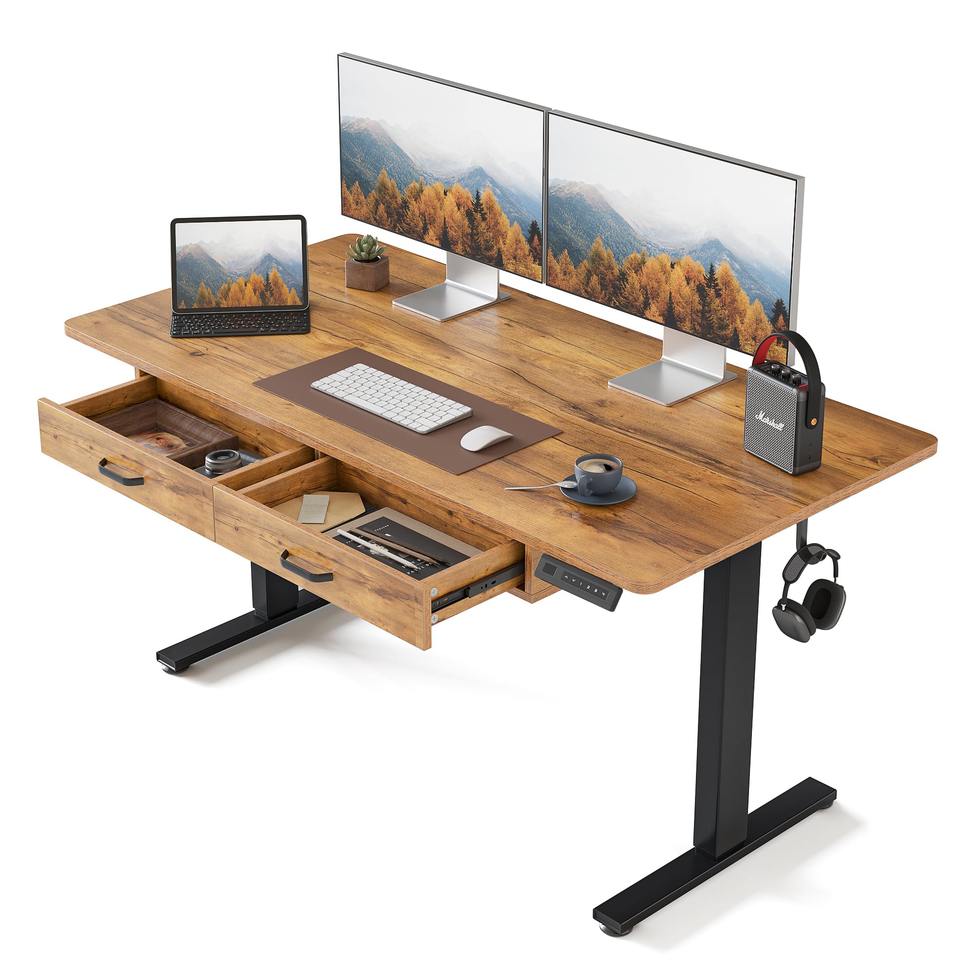FEZIBO 55x24 Inches Adjustable Height Electric Standing Desk with Double Drawers - Black Frame & Fir Brown Splice Tabletop | Ergonomic Home Office Desk for Work, Study & Gaming
