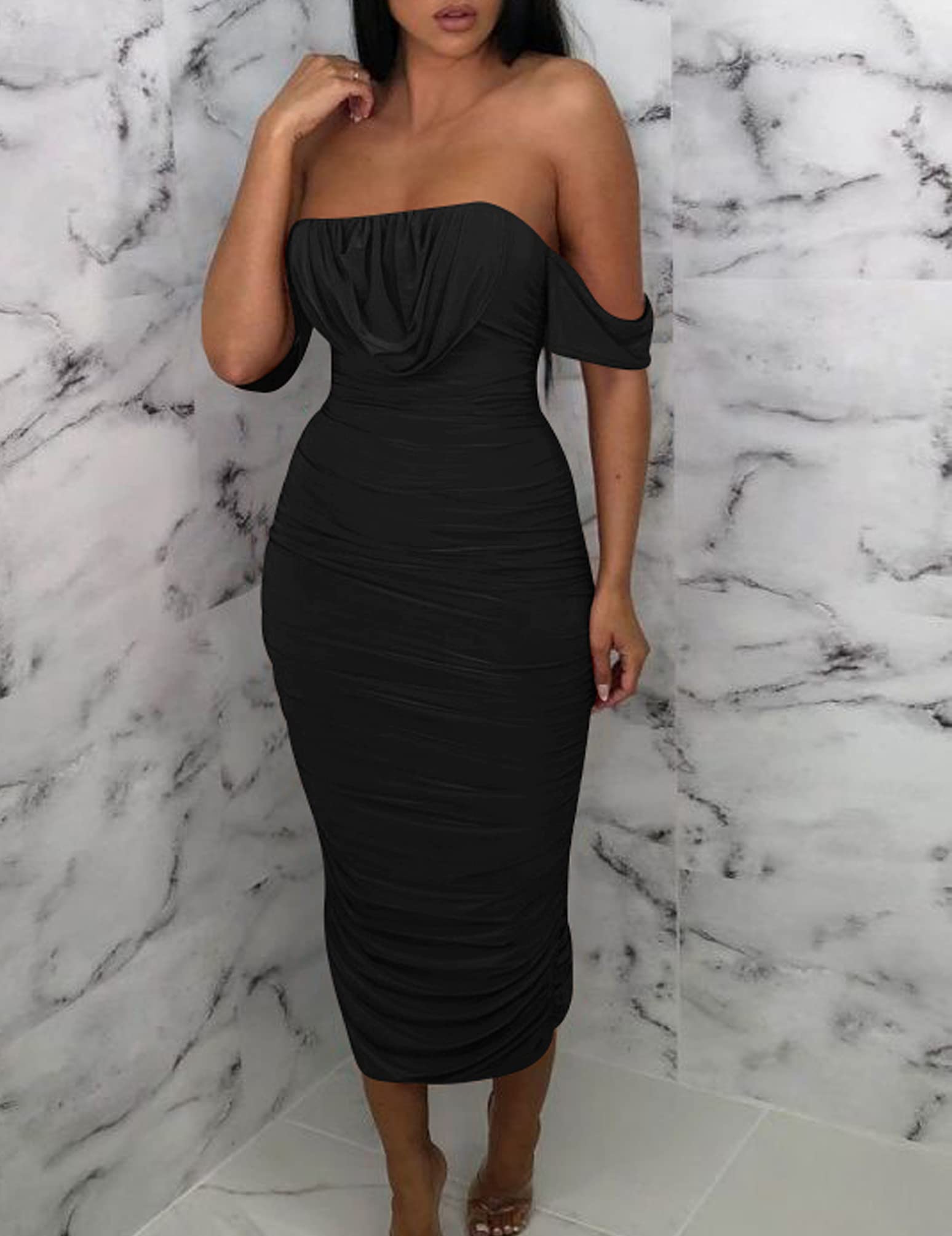 Sexy Ruched Bodycon Strapless Off Shoulder Midi Dress for Women - Perfect for Club, Party & Night Out - Tube Dress for Date Night, Cocktail Events & Summer Vacations
