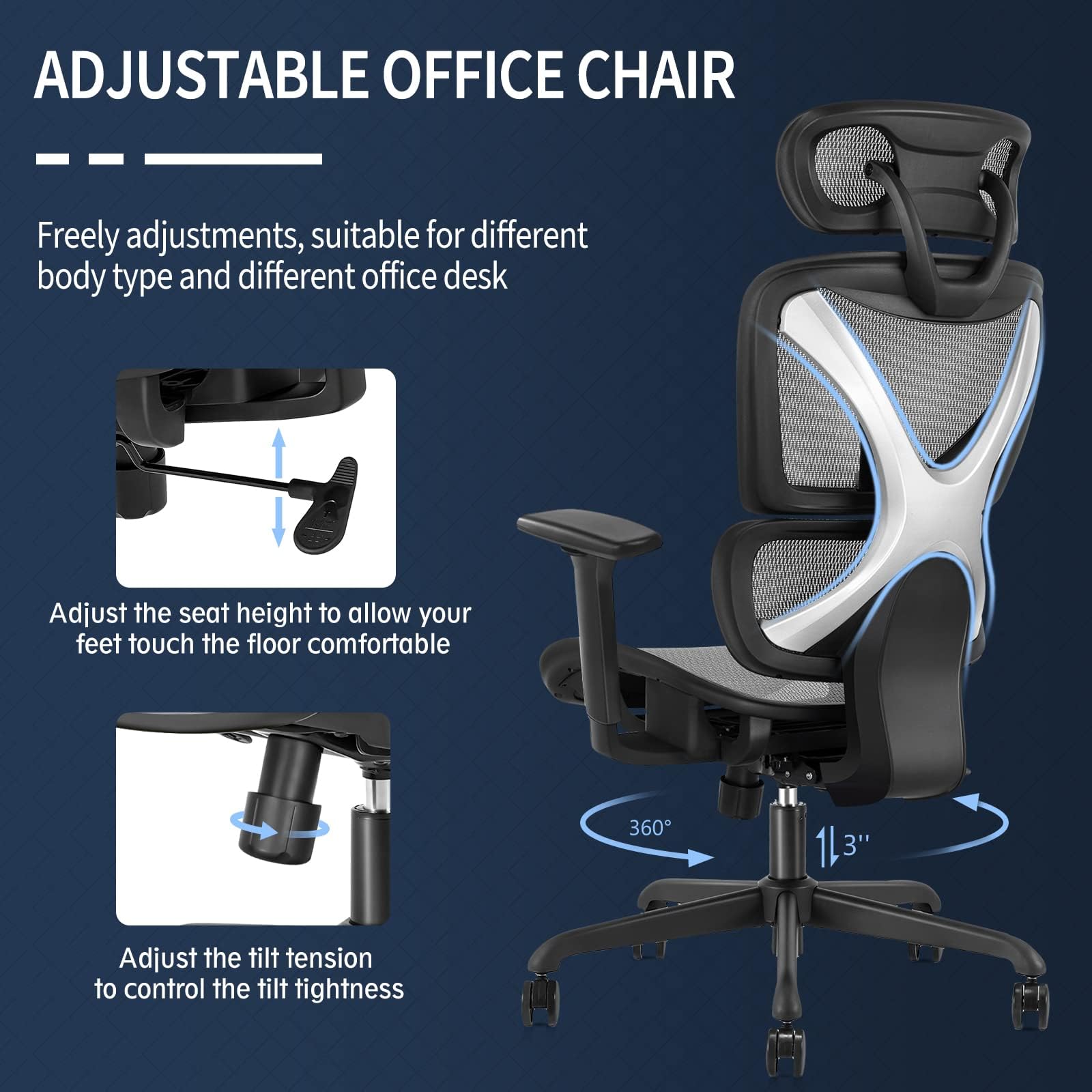 GABRYLLY Ergonomic Office Chair - Big and Tall Mesh Computer Chair with Adjustable Lumbar Support, 3D Armrests & Headrest - High Back Desk Chair for Home Office, Gaming & Work (Grey) - Perfect for Long Hours Sitting, Back Pain Relief & Productivity Boost