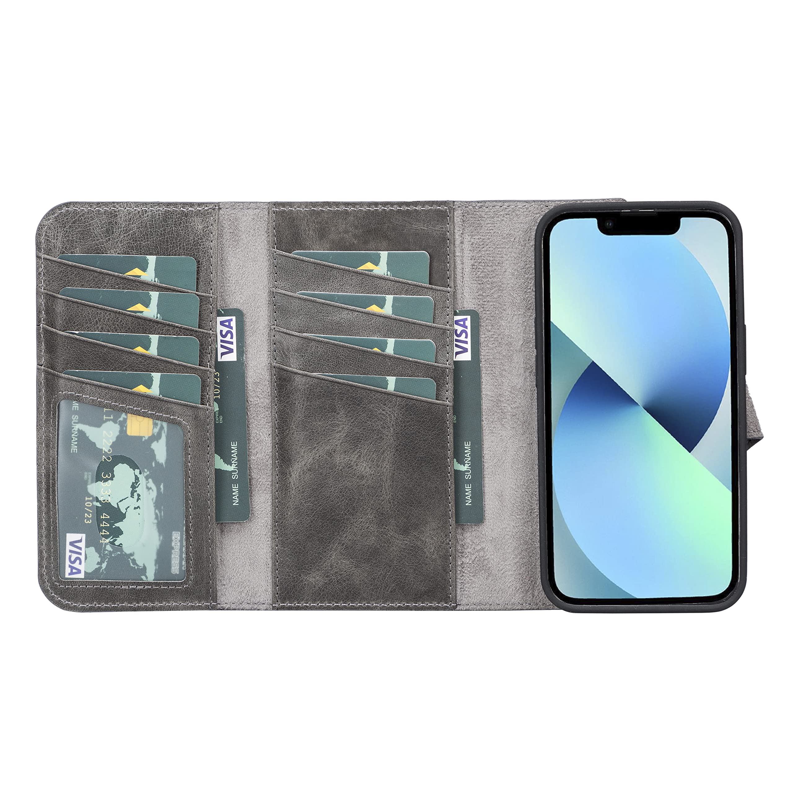 Bayelon iPhone 13 Pro Case - Premium Full Grain Leather Trifold Wallet Cover with Magnetic Detachable Phone Holder, Card Slots & Kickstand | Magsafe Compatible Protective Case for iPhone 13 Pro (Smoked Black) - Perfect for Business Travel, Daily Commute & Hands-Free Viewing