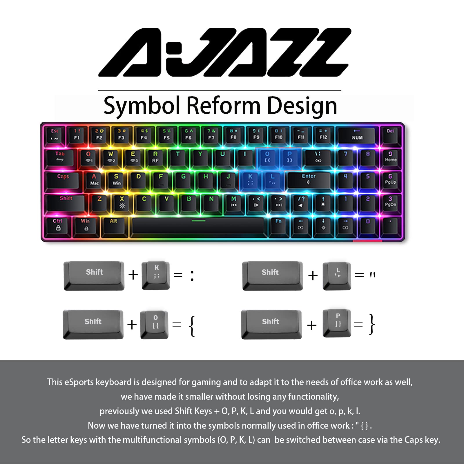 A.JAZZ 60% Compact Hot-Swappable Wireless Mechanical Gaming Keyboard - Bluetooth 5.0/2.4GHz USB/Wired Type-C, 4000mAh Battery, 69 Keys with Blue Switches & 18 RGB Backlit - for PC, Mac, Gaming, Office & Typing Enthusiasts