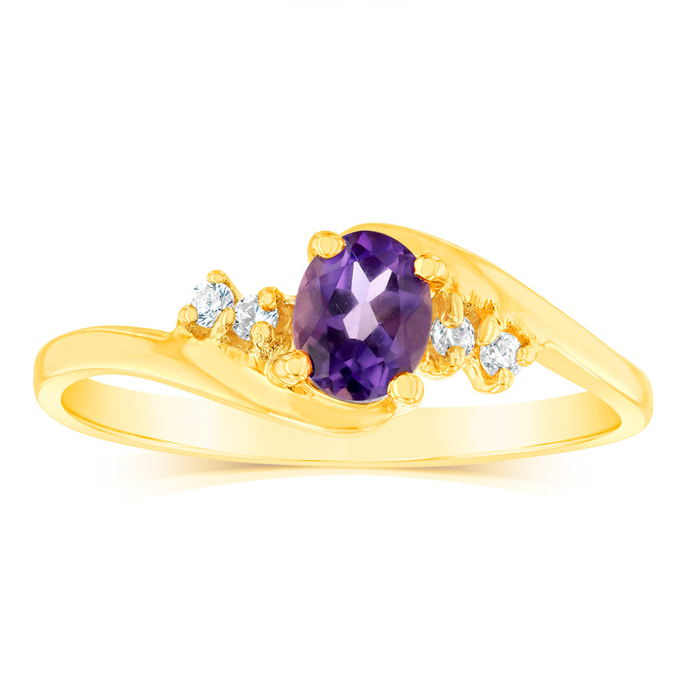 9ct Yellow Gold Amethyst & Cubic Zirconia Swirl Ring for Women - Elegant Purple Gemstone Jewelry Gift for Birthday, Anniversary & Valentine's Day