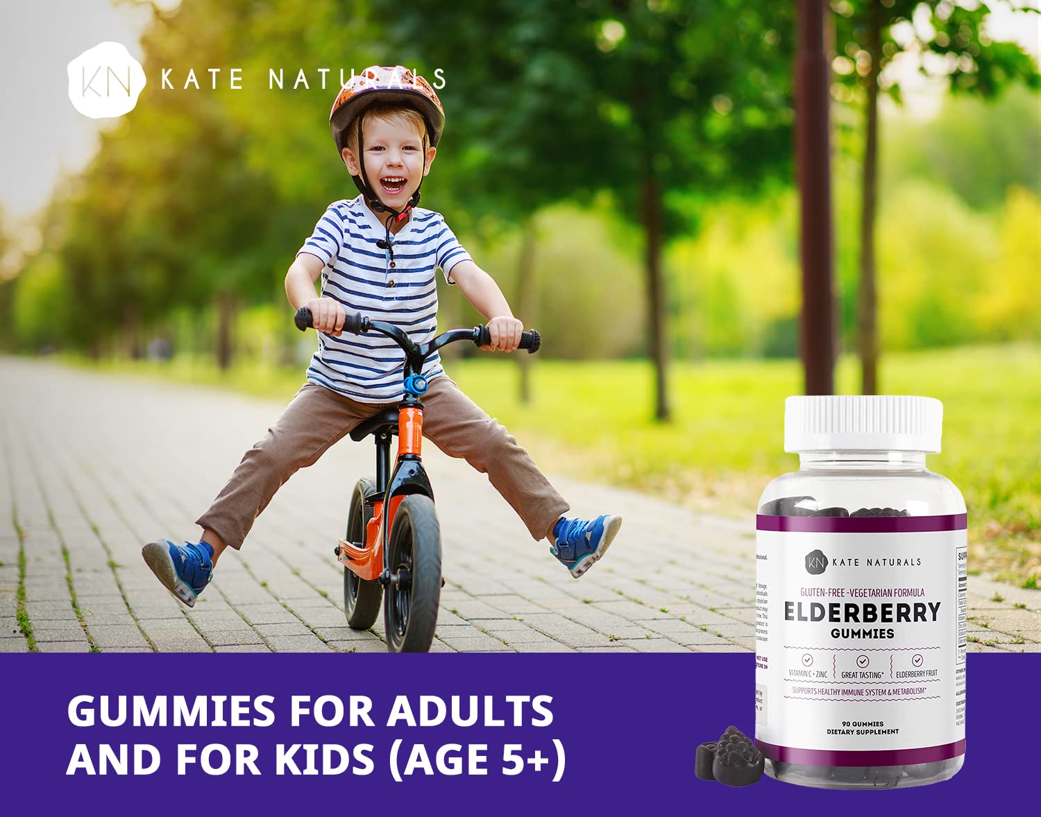 Kate Naturals Elderberry Gummies with Vitamin C & Zinc - Immune Support Supplement for Adults & Kids - Delicious Sambucus Berry Flavor - 90 Gummies (45 Day Supply) - Perfect for Daily Wellness, Cold Season Protection & Family Health