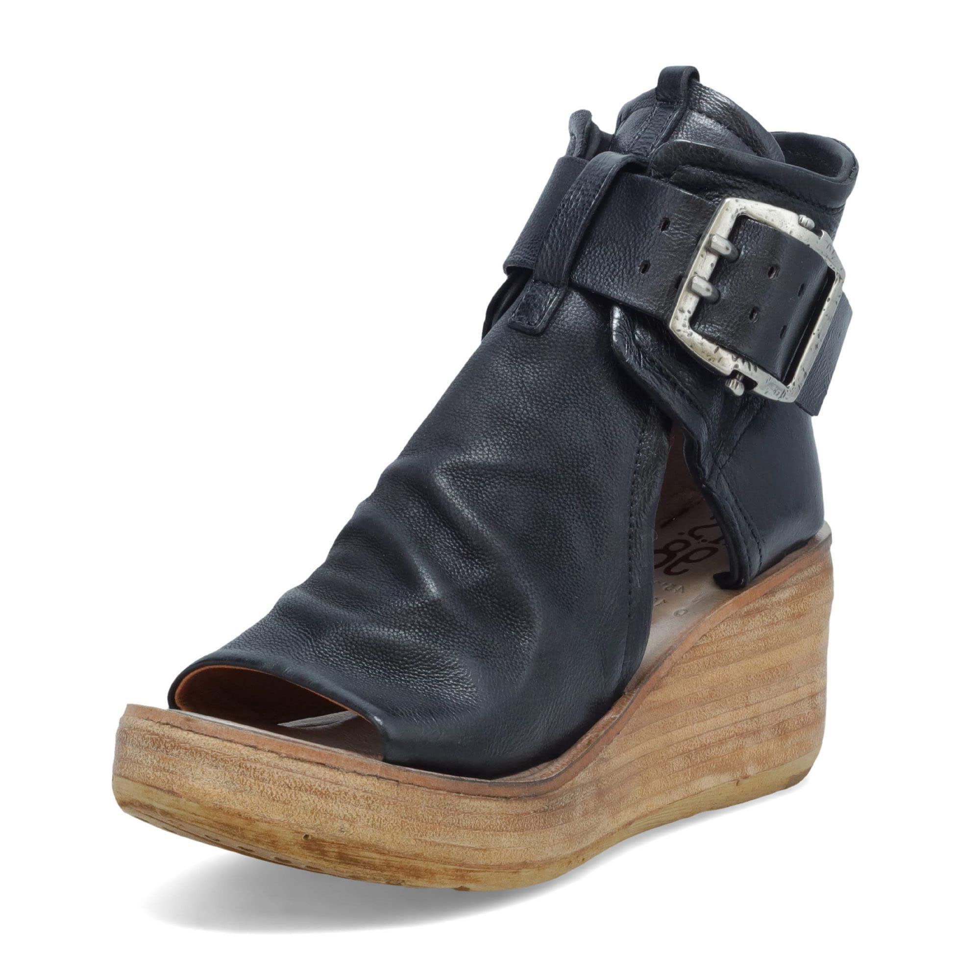 A.S.98 Women's Leather Wedge Sandals with Side Buckle & Peep Toe - Comfortable Summer Casual Shoes for Beach, Vacation & Outdoor Wear