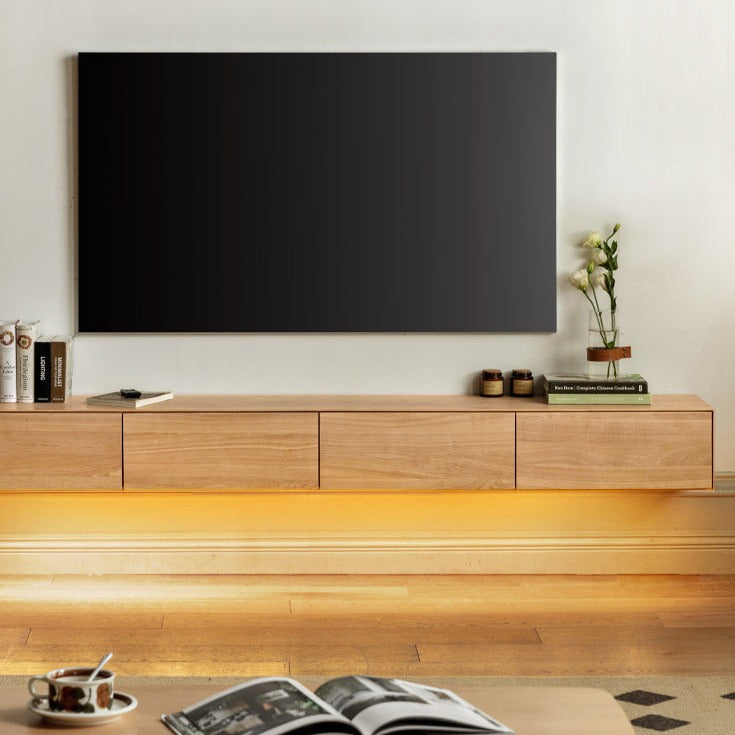 Oak Solid Wood TV Stand with Hanging LED Lights - Modern Entertainment Center for Living Room & Home Theater