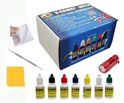U-Enamel Starter Kit - 7 Vibrant Colors with LED Light, Needle Caps, Applicator Tips, Lint-Free Cloth & Spatula for Nail Art & DIY Crafts - Perfect for Home Salon, Professional Use & Gift Giving