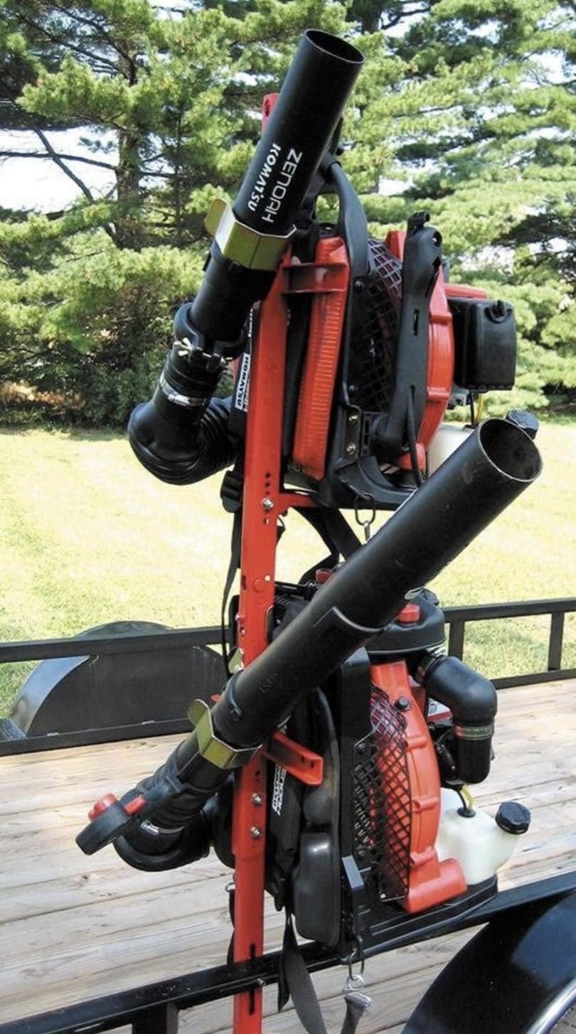 Jungle Jim's 2 Backpack Blower Holder Rack for Lawn & Landscape Trailers – Dual Locking, Adjustable Height, Powder-Coated Steel – Compatible with Stihl, Echo, Husqvarna & More – 2-Year Weld Warranty – Perfect for Professional Landscapers & Lawn Care Services