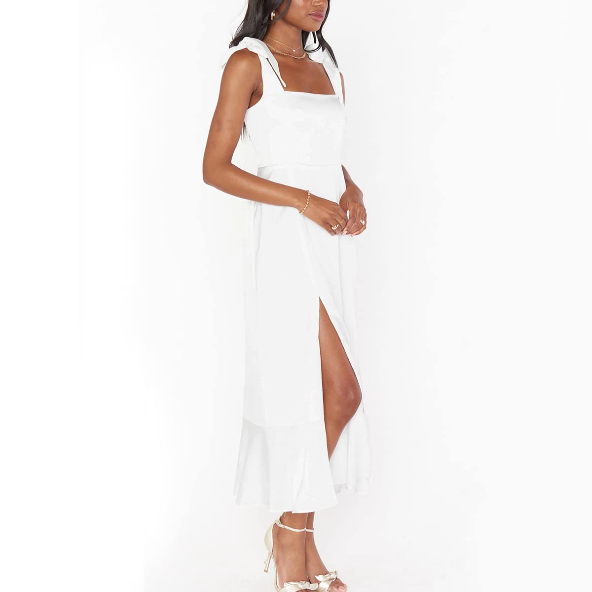 Elegant Women's Square Neck Spaghetti Strap Ruffle Split Midi Dress - Wedding Guest, Cocktail Party & Bridesmaid Formal Attire for Special Occasions