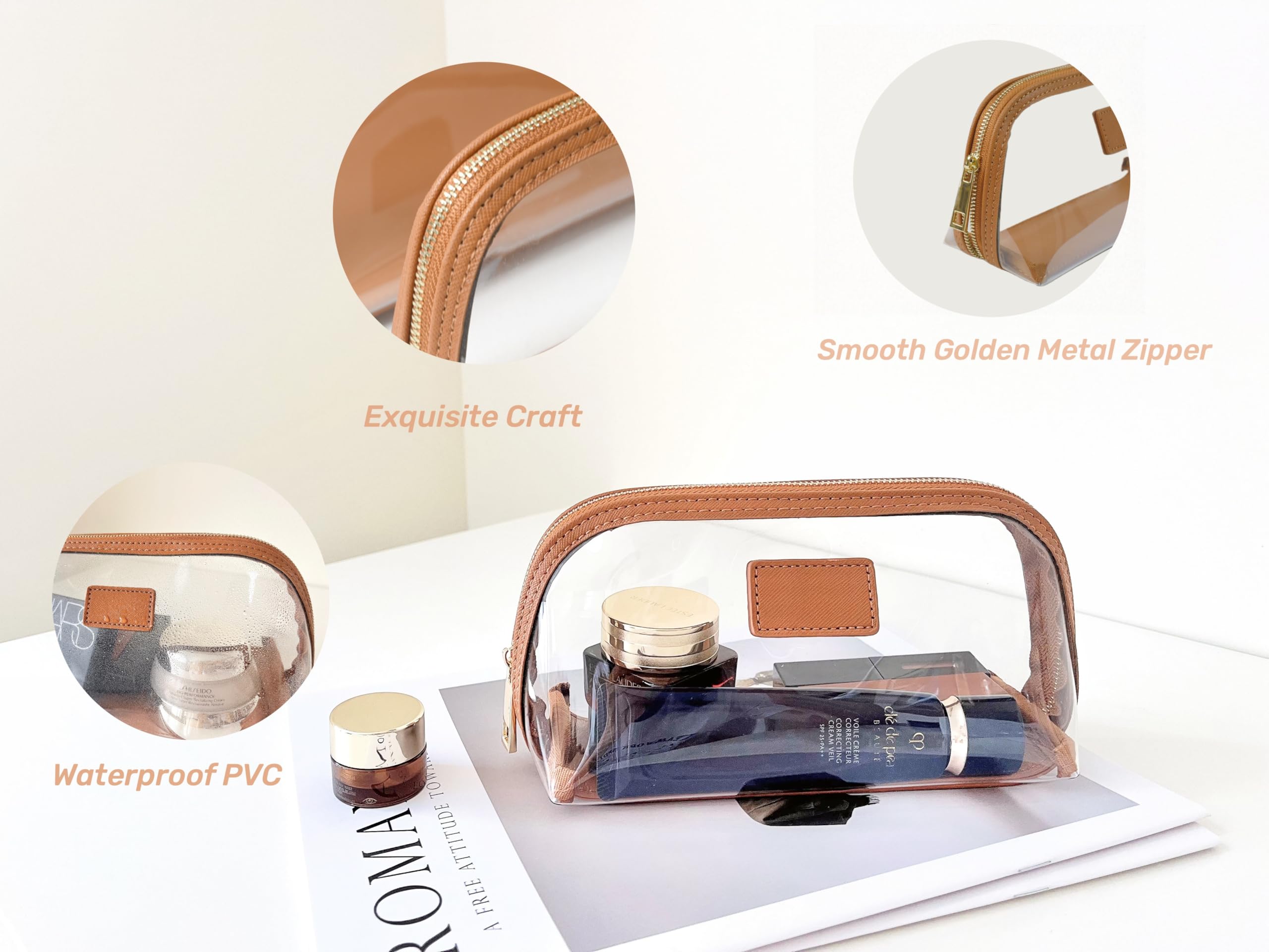 Clear Leather Makeup Bag - Waterproof Travel Toiletry Case & Portable Cosmetic Organizer (Brown, Small) | Perfect for Travel, Gym, and Daily Beauty Storage