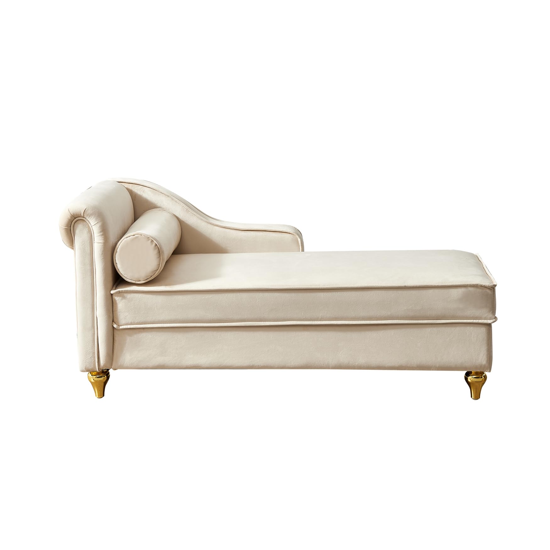 Modern Velvet Upholstered Chaise Lounge Chair with Storage & Bolster Pillow - Retro Metal Legs Sleeper Sofa Recliner for Bedroom, Office & Living Room - Beige | Cozy Reading Nook, Guest Bed & Relaxation Spot