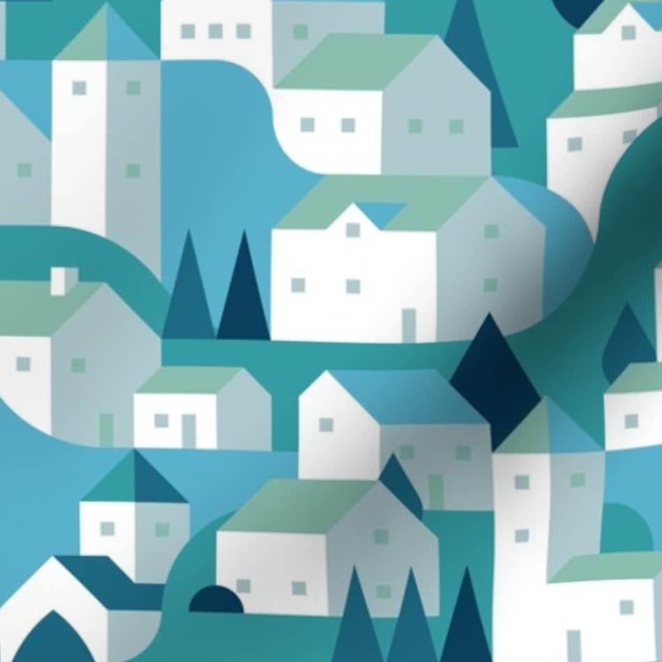 Village Country Tree Geometry Printed Satin Fabric by The Yard - Premium Sewing Material for Apparel, Lining, Fashion, Blankets & Home Decor | Perfect for DIY Projects, Quilting & Upholstery