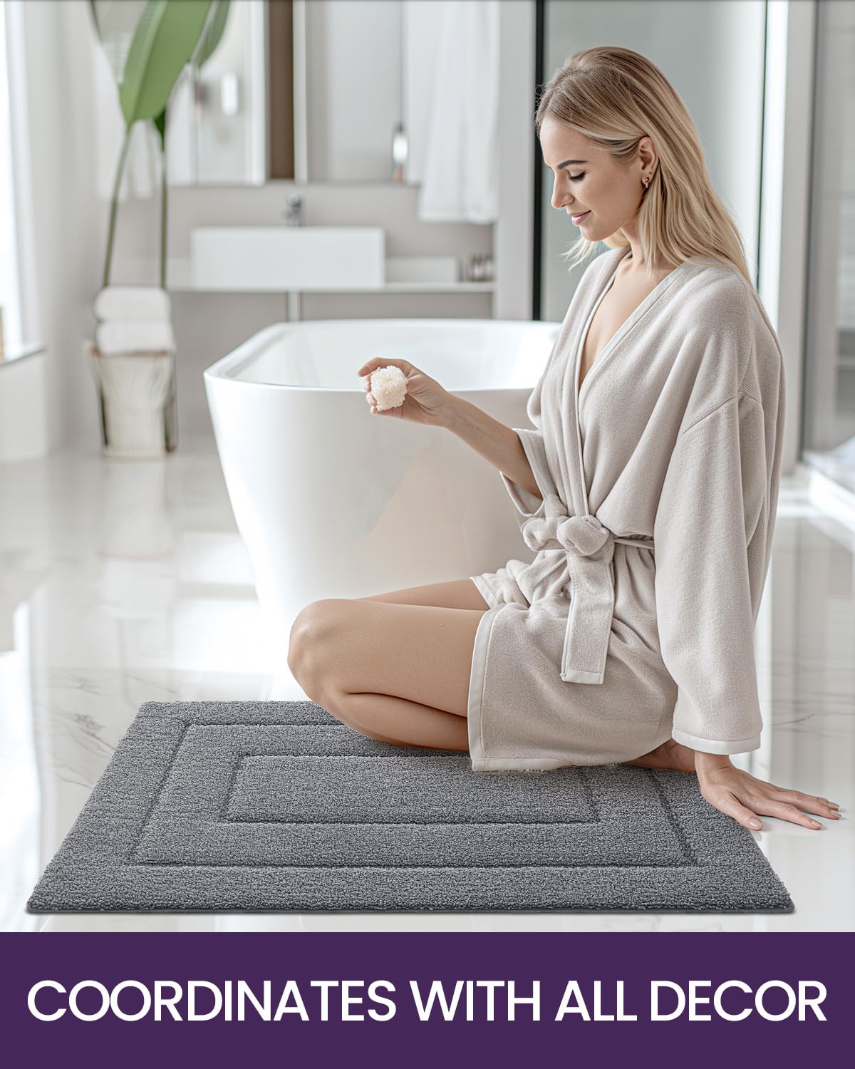 DEXI Non-Slip Bathroom Rug 36x24 Inch, Super Absorbent Quick Dry Shower Mat with Rubber Backing - Soft Washable Microfiber Bath Mat for Bathroom Floor, Grey - Perfect for Bathroom, Shower & Vanity Areas