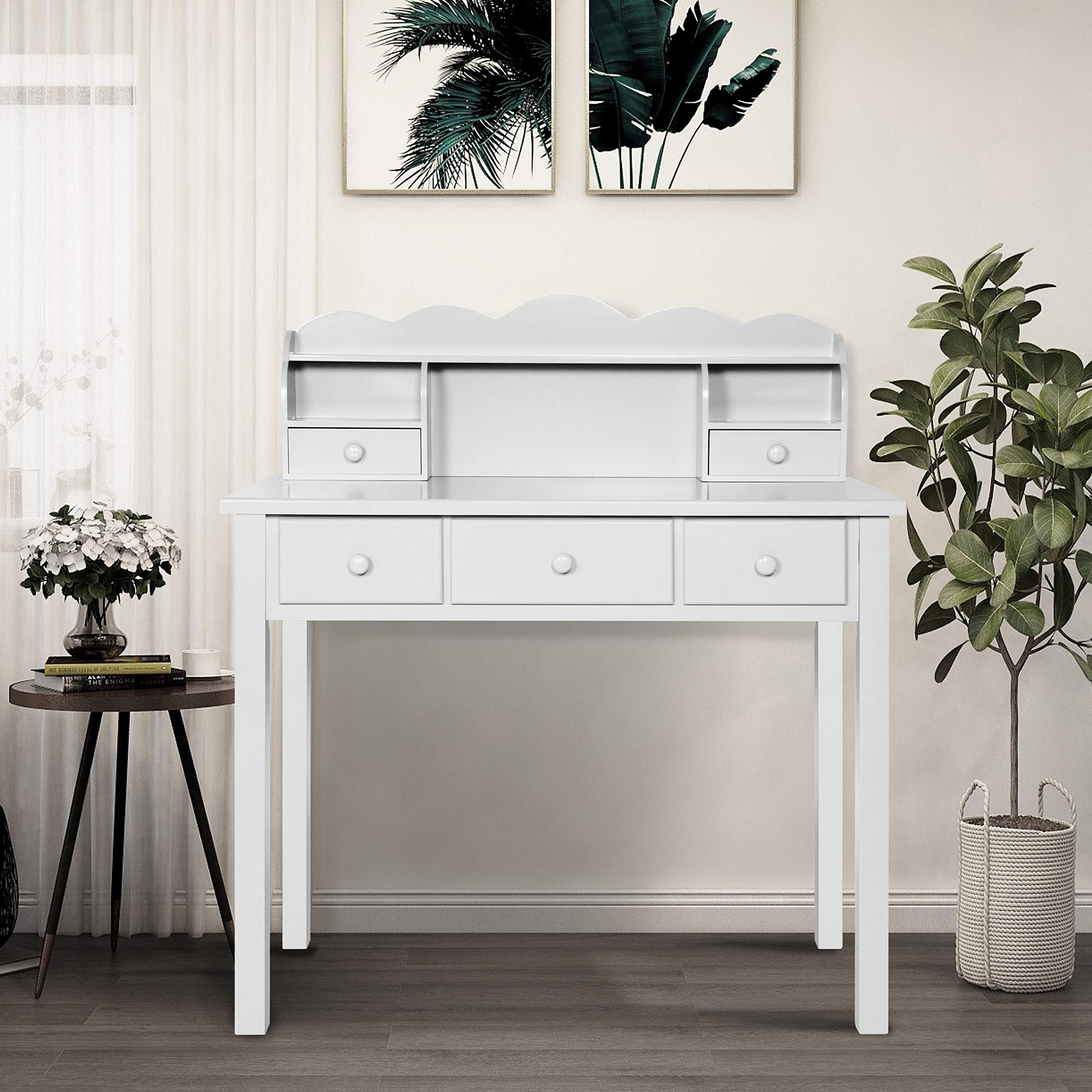 Modern Home Office Desk with Detachable Hutch & 5 Drawers - Grey Computer Workstation for Small Spaces | Perfect for Remote Work, Study & Gaming Setup