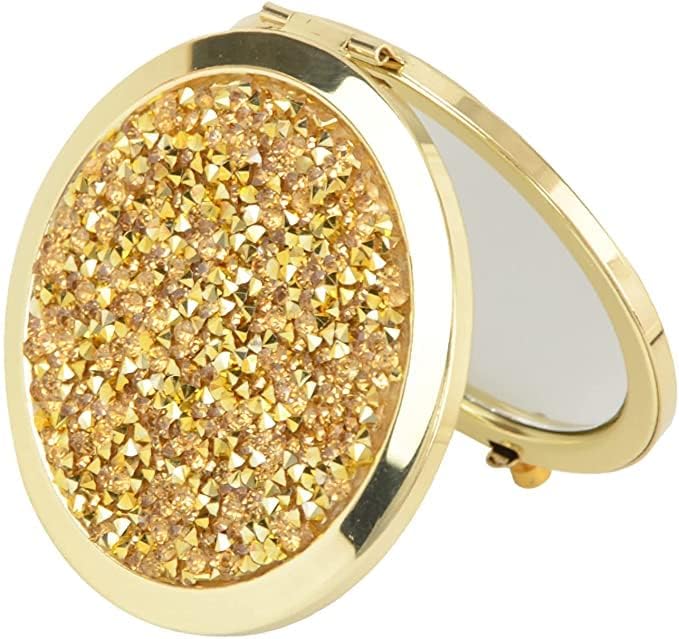 Gold Compact Mirror for Women with Mix Diamond Design - 2x & 1x Magnification Folding Pocket Mirror | Portable Travel Makeup Mirror for Purse | Perfect Gift for Her (Ideal for Travel, Home, Office & Touch-ups)