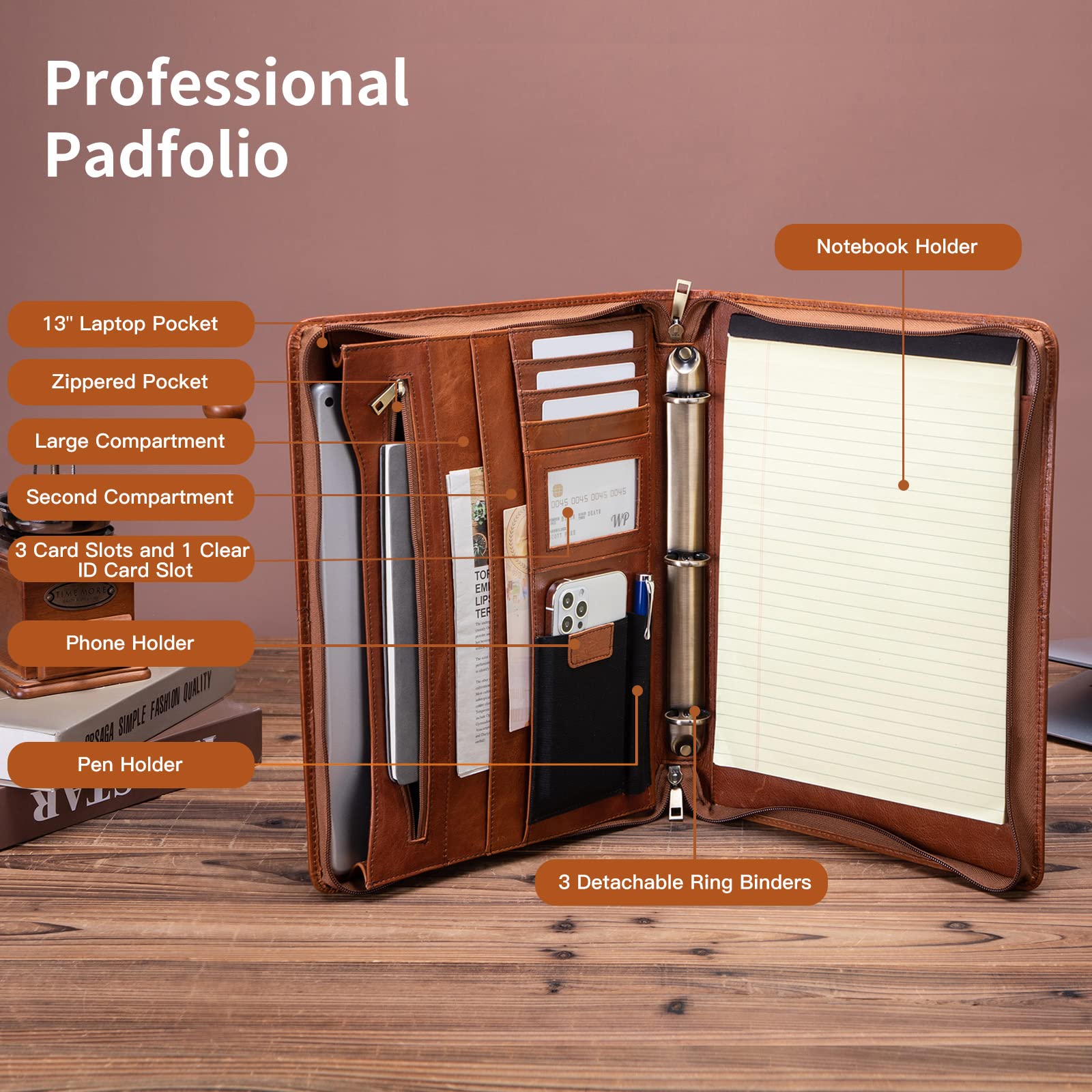 Premium Genuine Full Grain Leather Portfolio with 3-Ring Binder - Zippered A4 Notebook Holder & Laptop Sleeve - Professional Organizer Folder for Men & Women (Brown, Oil-Tanned) - Perfect for Business Meetings, Office Work & Executive Gifts