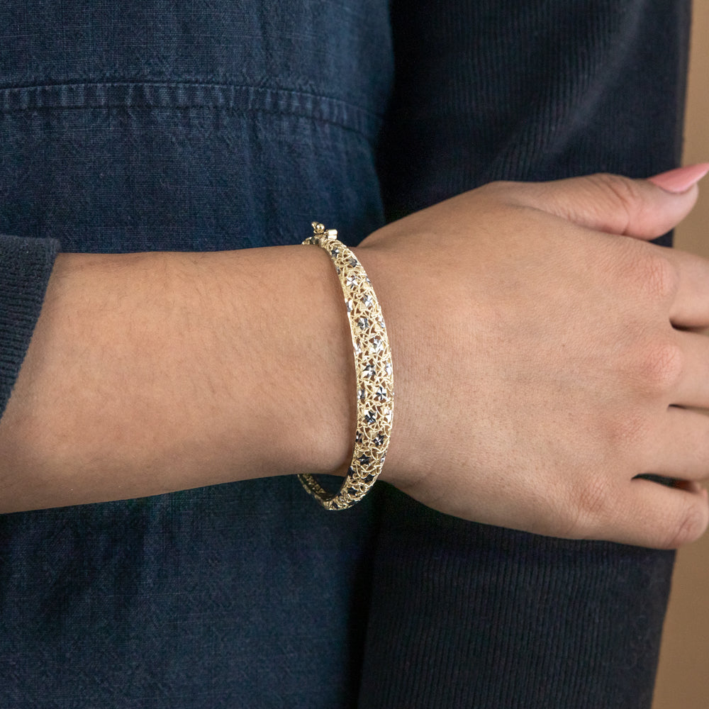 9ct Yellow and White Gold Two-Tone Fancy Mesh 65mm Bangle Bracelet - Elegant Jewelry for Women, Perfect for Parties, Weddings and Special Occasions