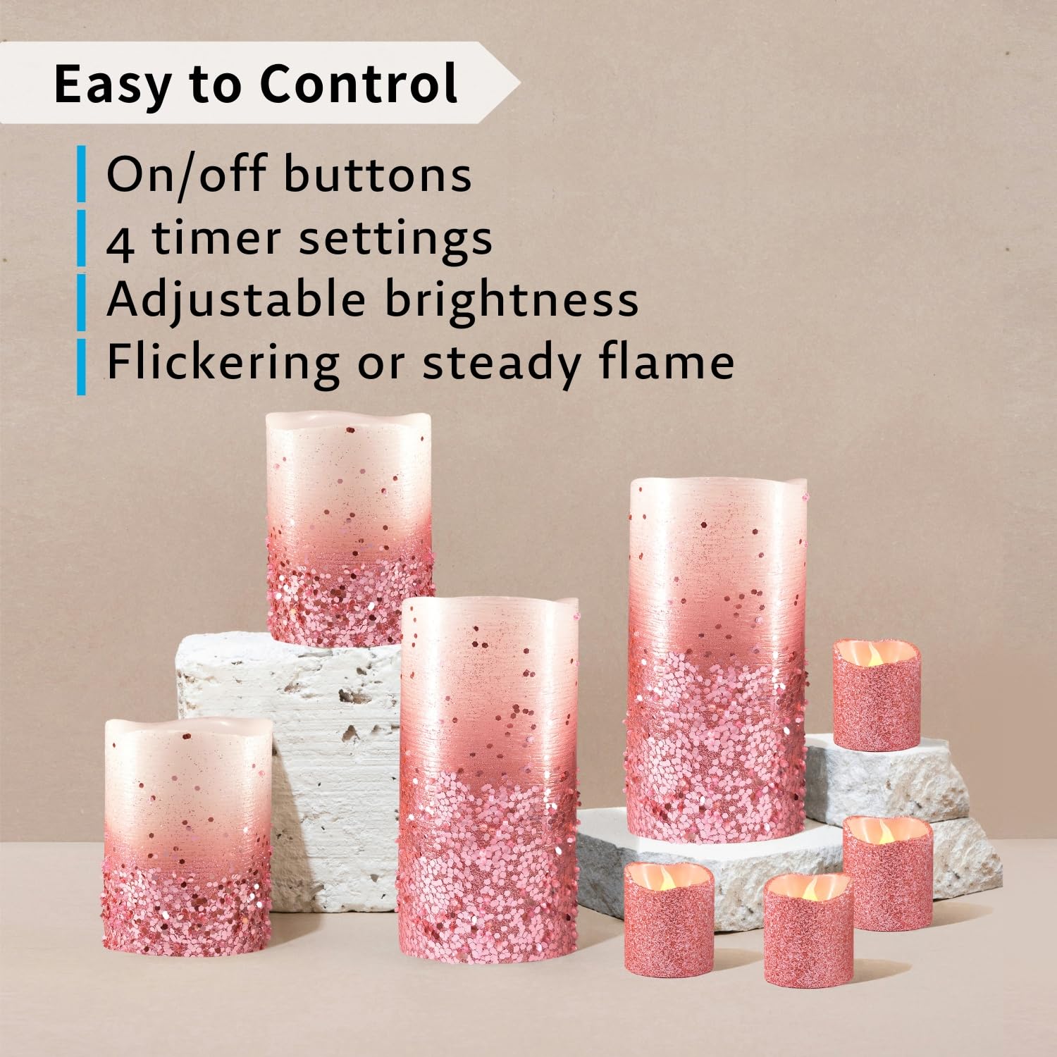 FURORA LIGHTING Pink Glitter LED Candles with Remote & Timer - 4 Pillar & 4 Votive Flameless Candles Set of 8, Real Wax Battery-Operated Flickering Candles for Home Decor, Wedding, Party & Holiday Lighting