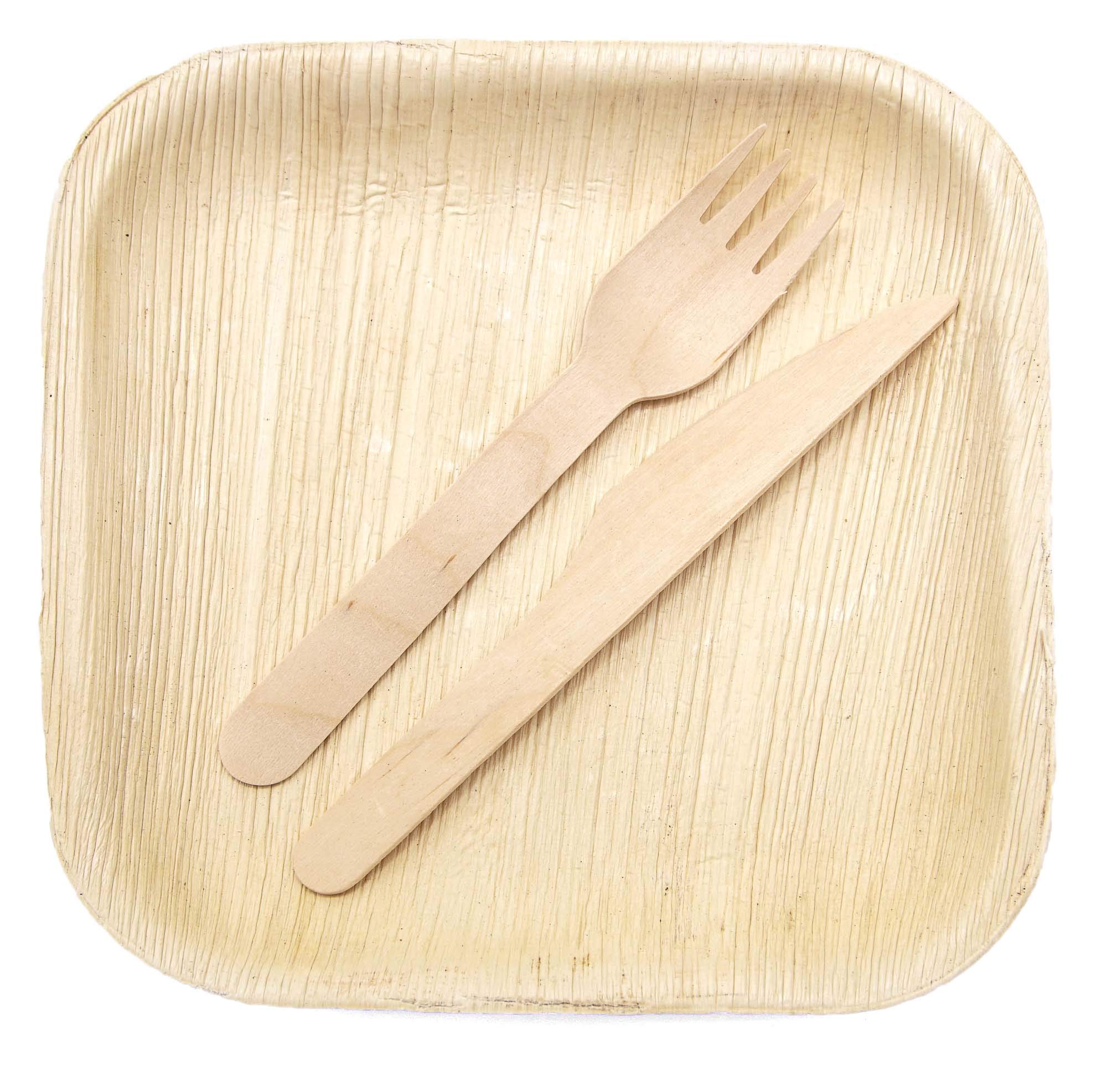 ECODECO 8 Inch Square Palm Leaf Compostable Plates - 100 Pack Biodegradable Disposable Dinnerware Set with Cutlery - Eco Friendly Bamboo Alternative for Parties, Picnics, Weddings & Outdoor Events