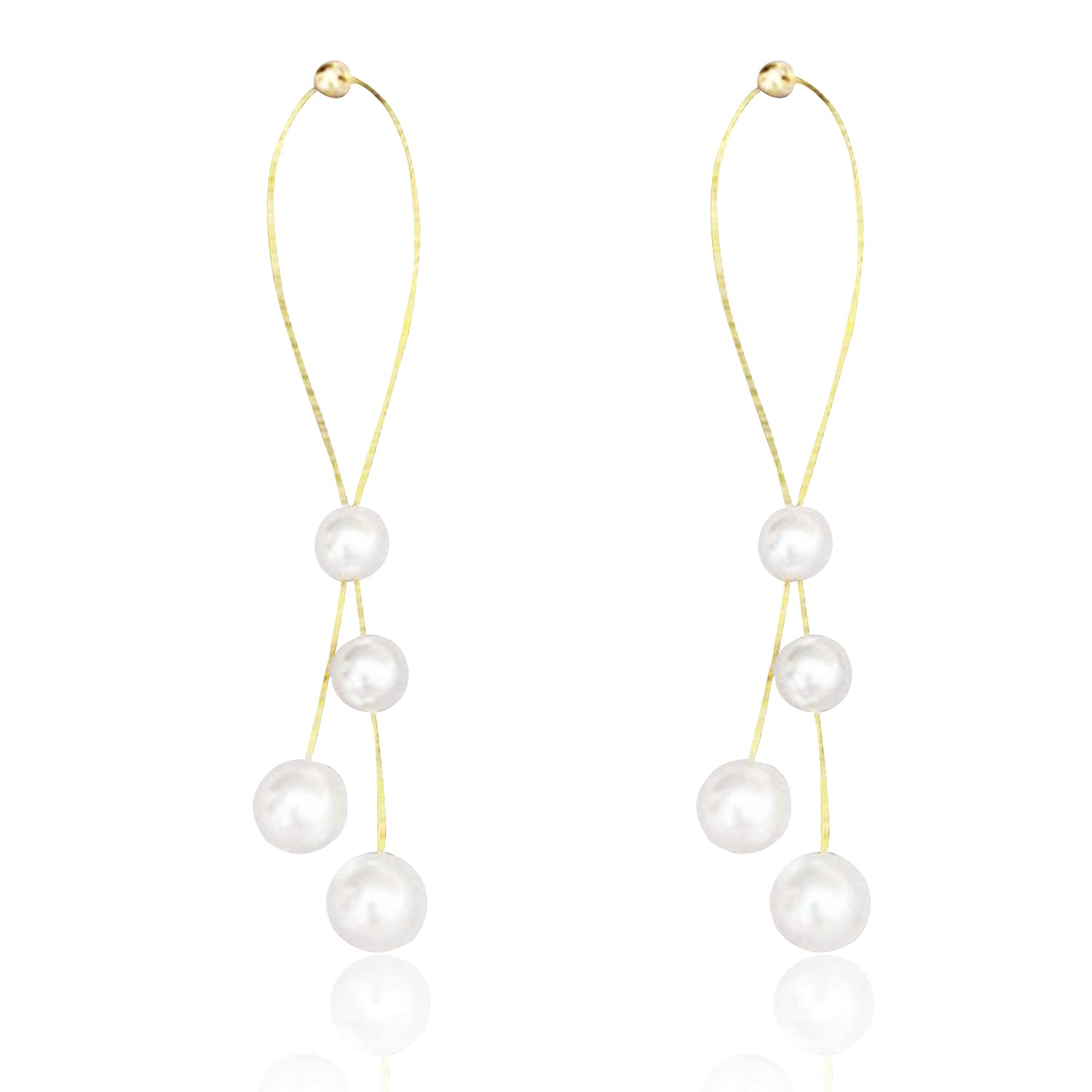 Dainty Pearl Long Tassel Drop Earrings for Women - Bohemian Vintage Round Bead Ball Statement Dangle Earrings - Lightweight Hoop Jewelry for Wedding, Party & Everyday Wear