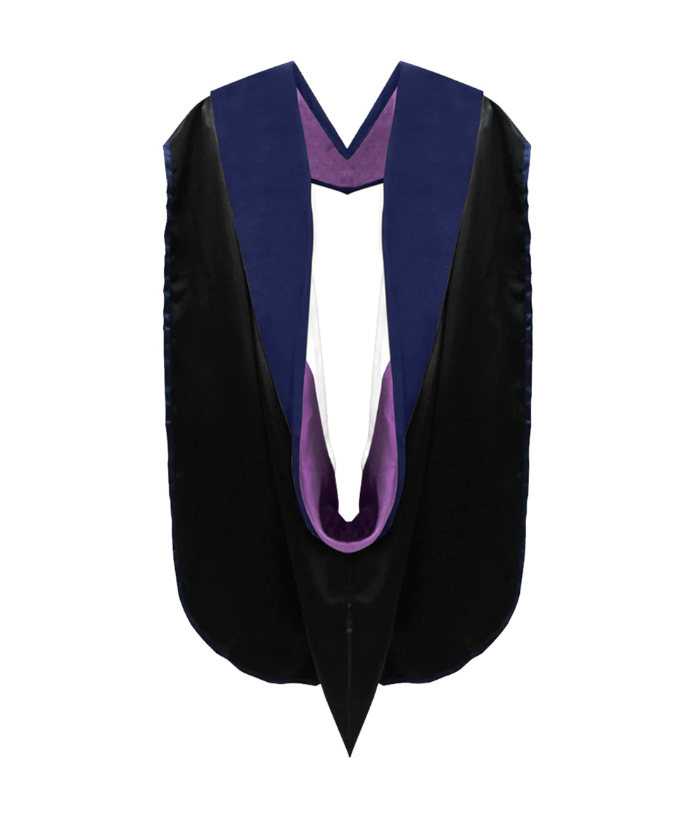 PhD Hood Dark Blue Velvet with Purple & White Trim - Graduation Gown Accessory for Doctoral Ceremonies & Academic Achievements