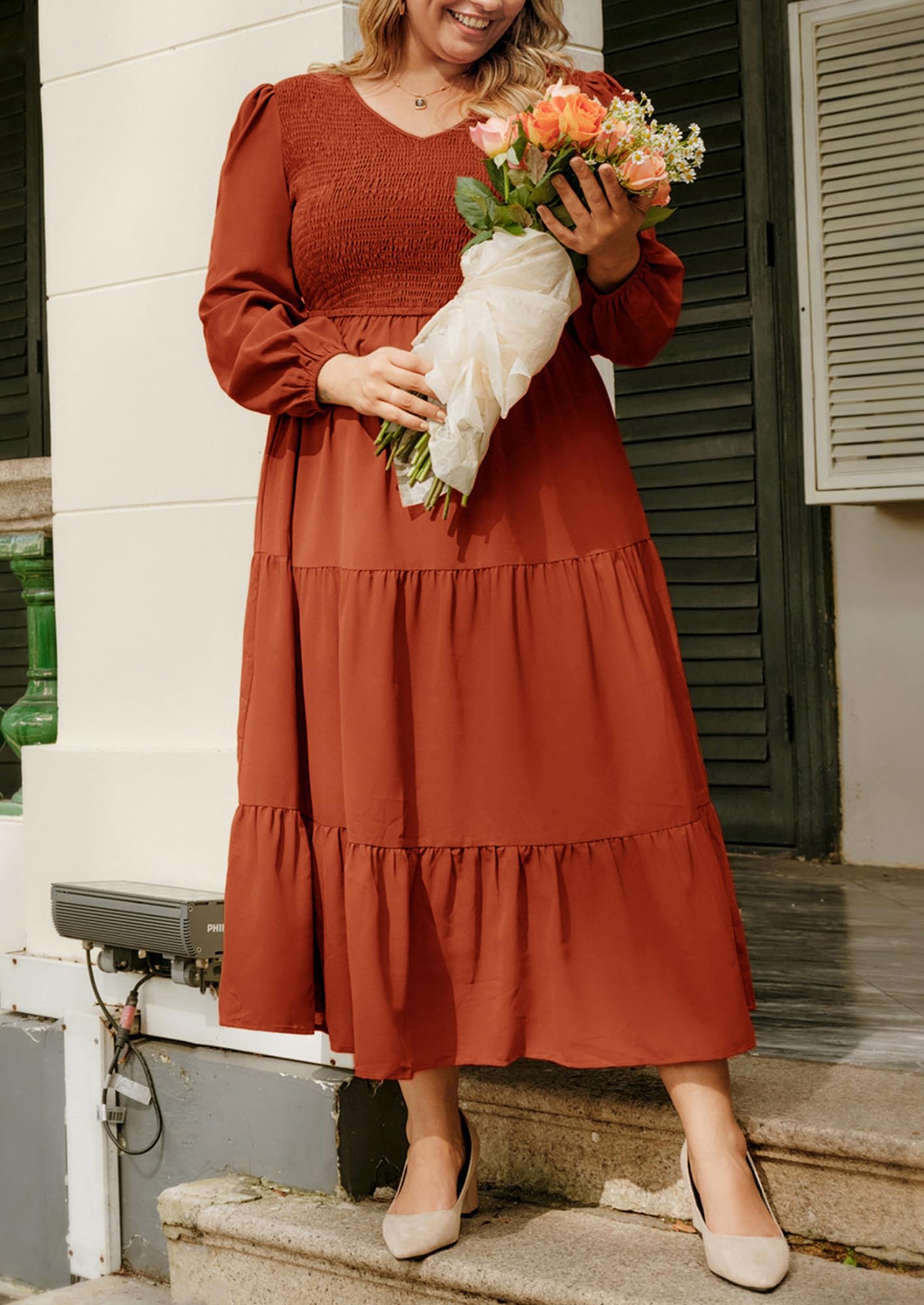 Hanna Nikole Women's Plus Size Spring Maxi Dress - Long Sleeve Smocked Flowy Tiered Dress with Pockets for Wedding Guest, Casual Wear & Outdoor Events